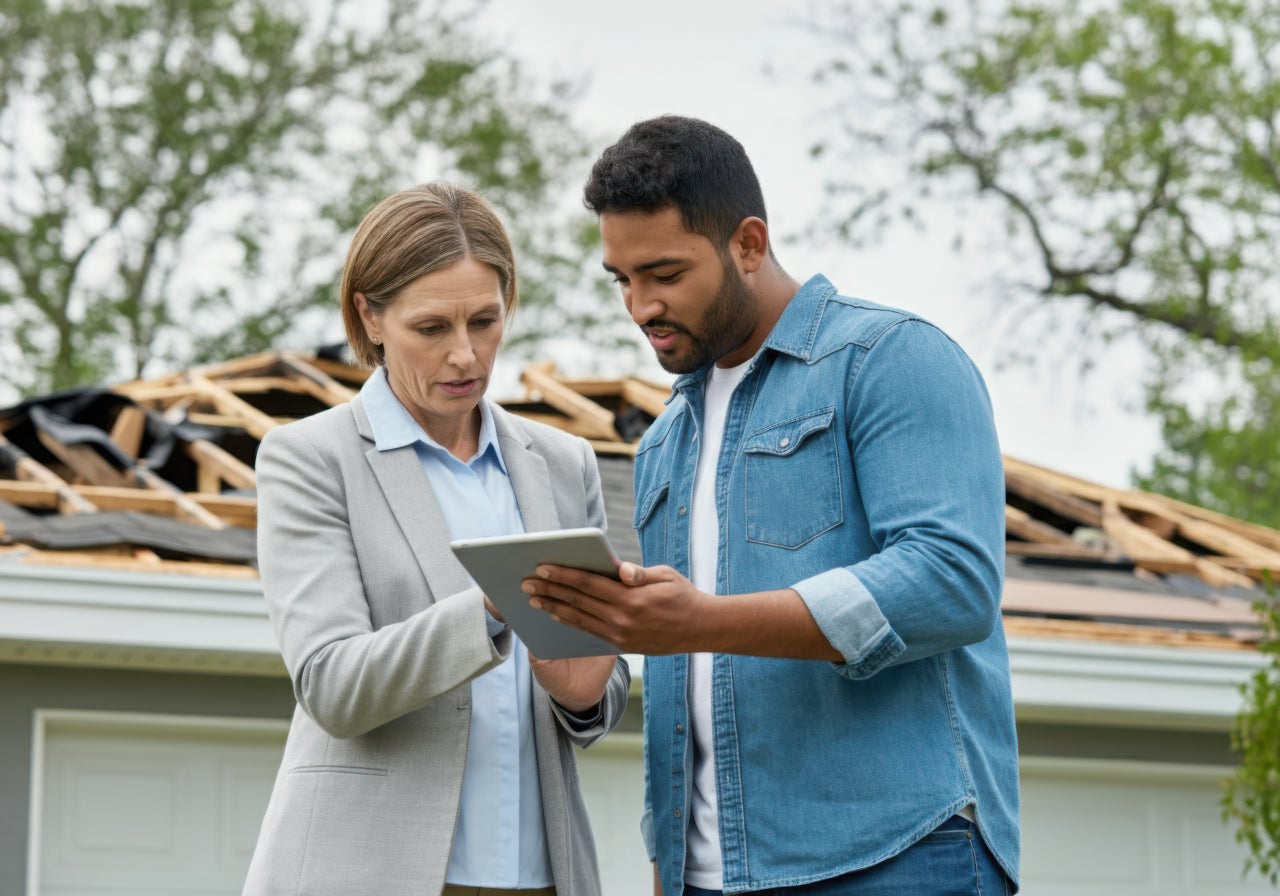 An adjuster and a homeowner contemplate roof damage on a house