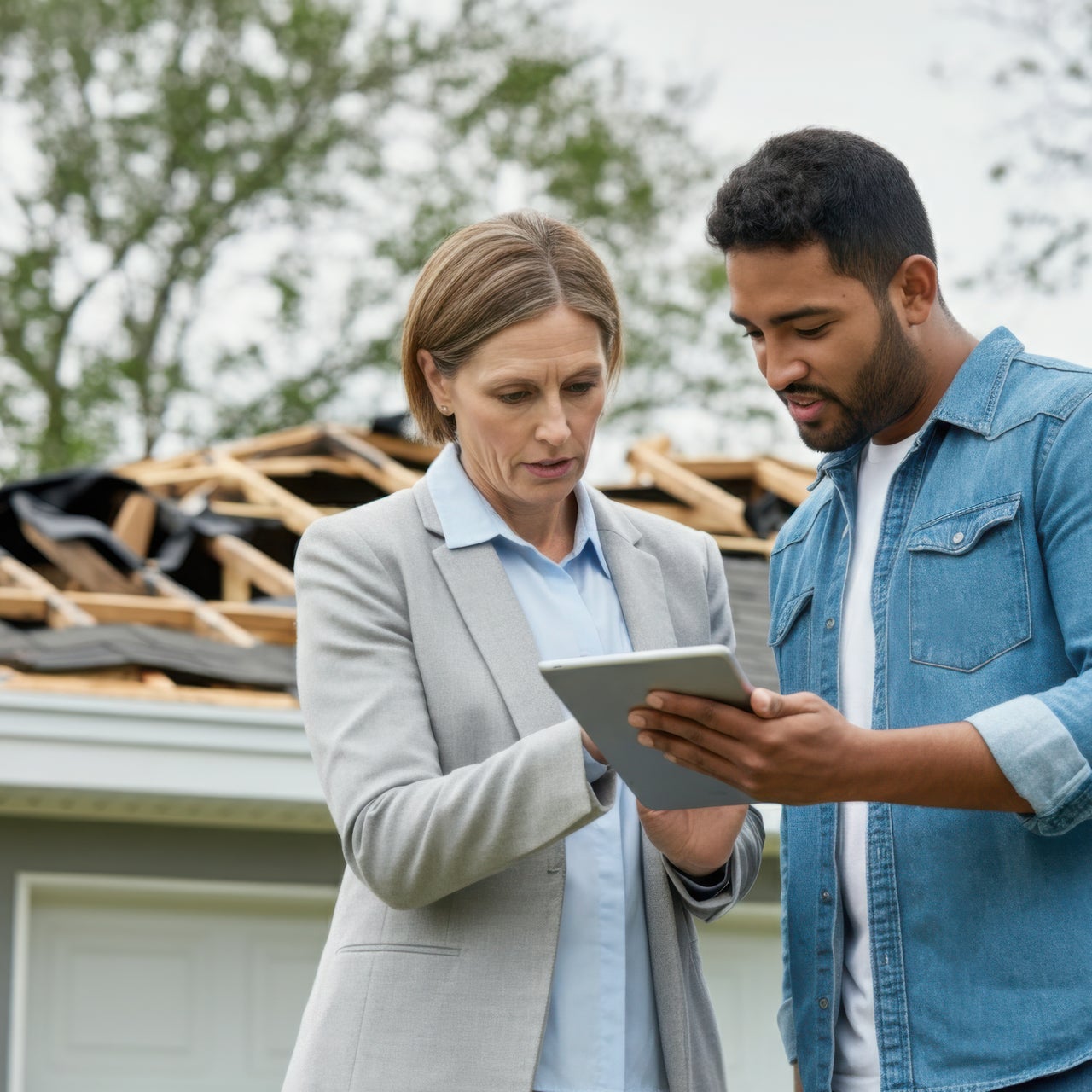 A woman in a grey blazer and a man in a denim shirt looking at a tablet. They appear to be discussing something related to a house under construction or repair, visible in the background.