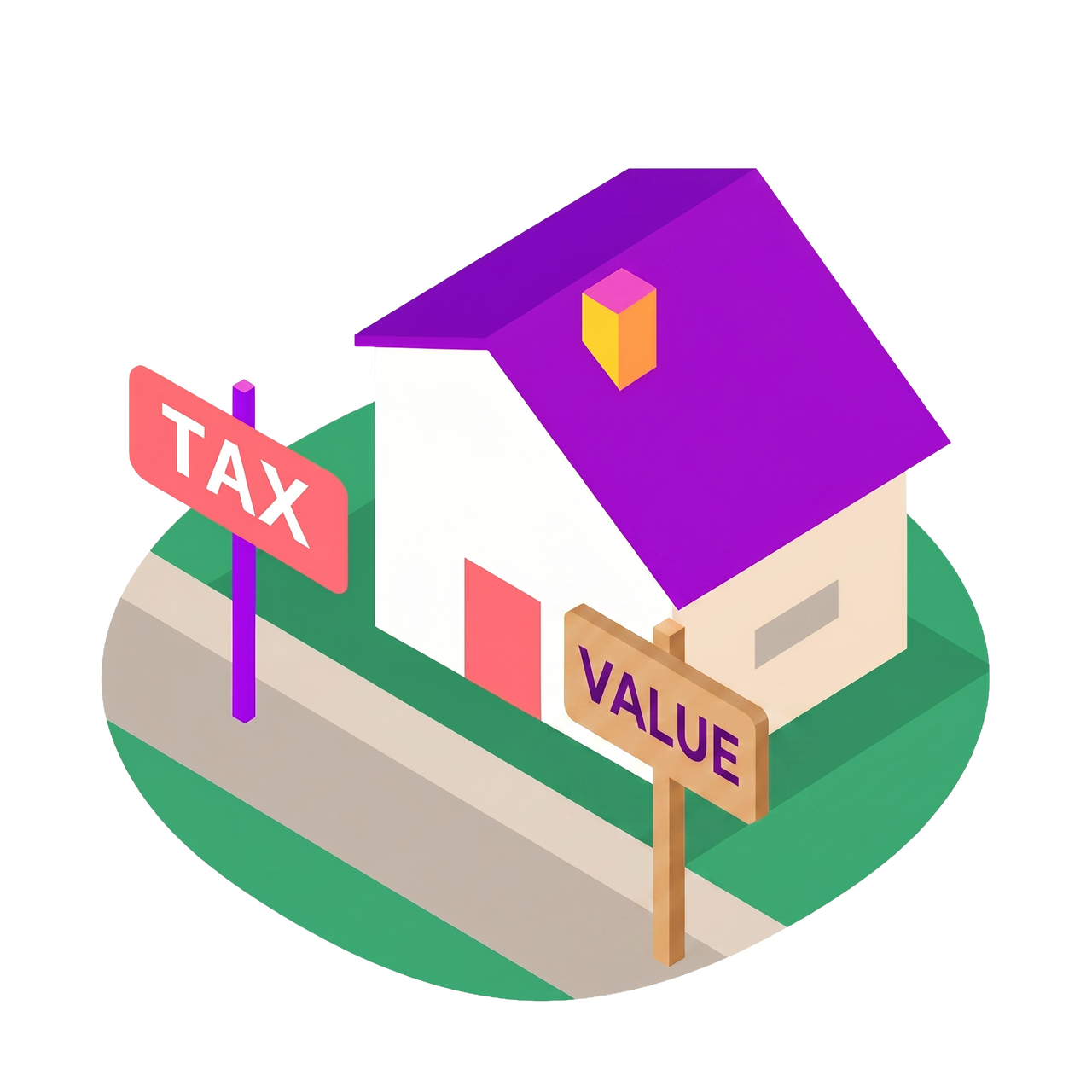 An illustration of a house with signs that read "Tax" and "Value" in front of the house indicating historical tax assessment.