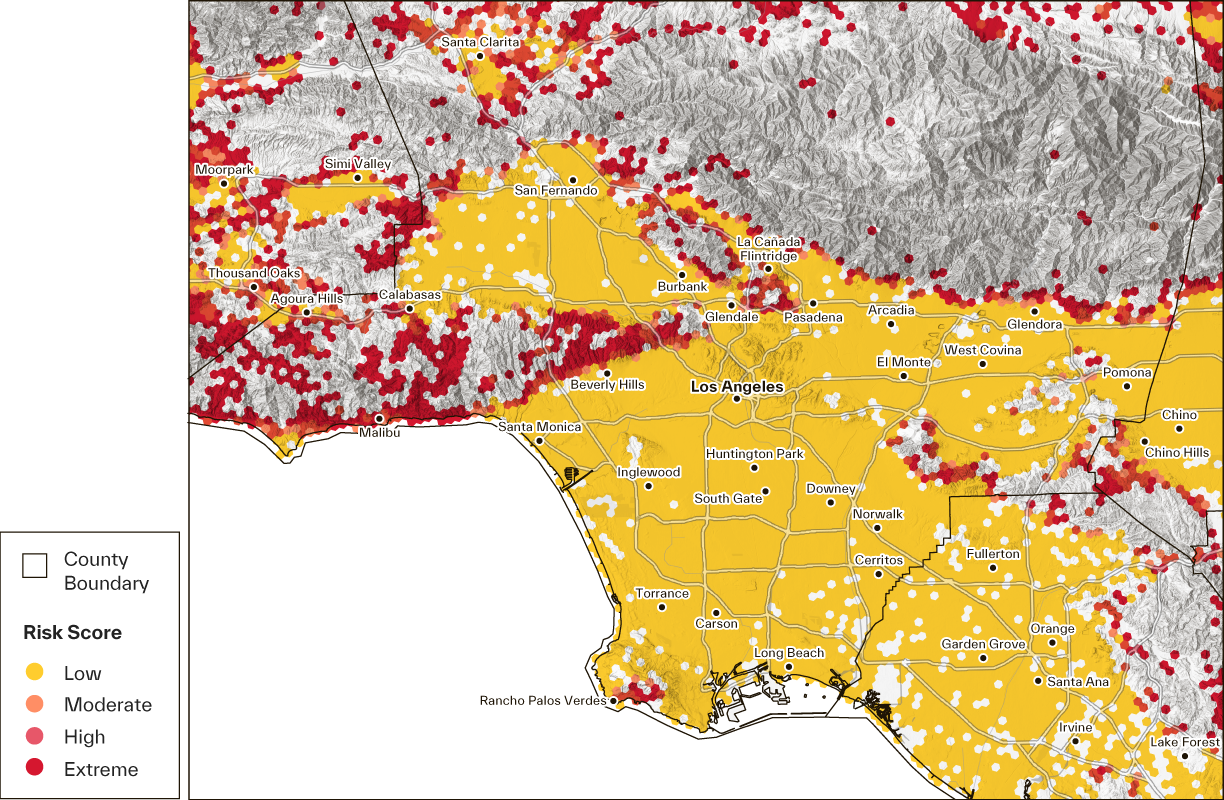 map of residential properties and their wildfire risk score in the Los Angeles, California Metropolitan Area 
