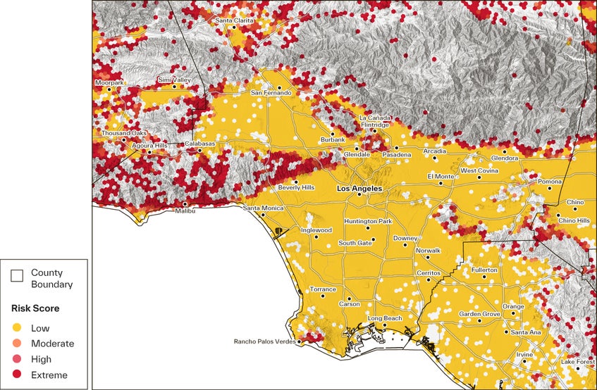 map of residential properties and their wildfire risk score in the Los Angeles, California Metropolitan Area