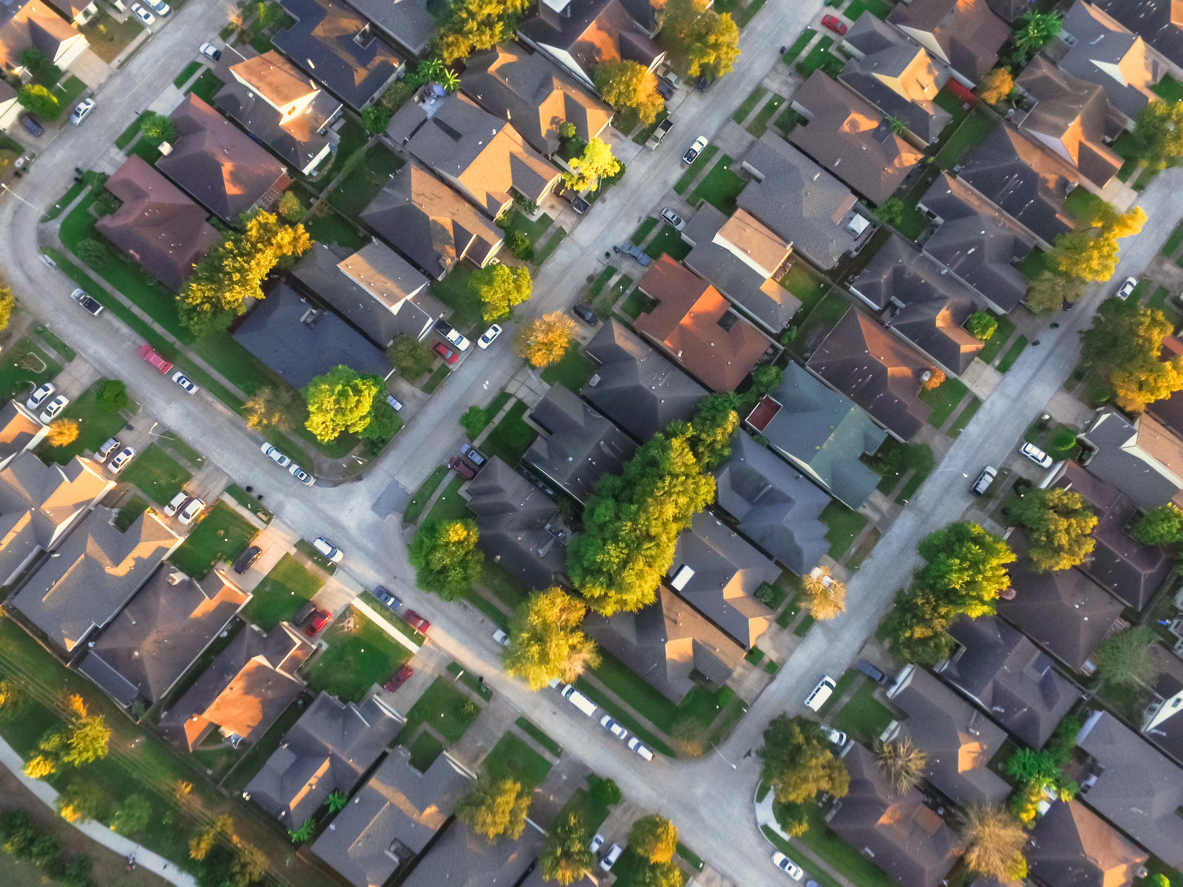 An aerial view of a populated residential locality.