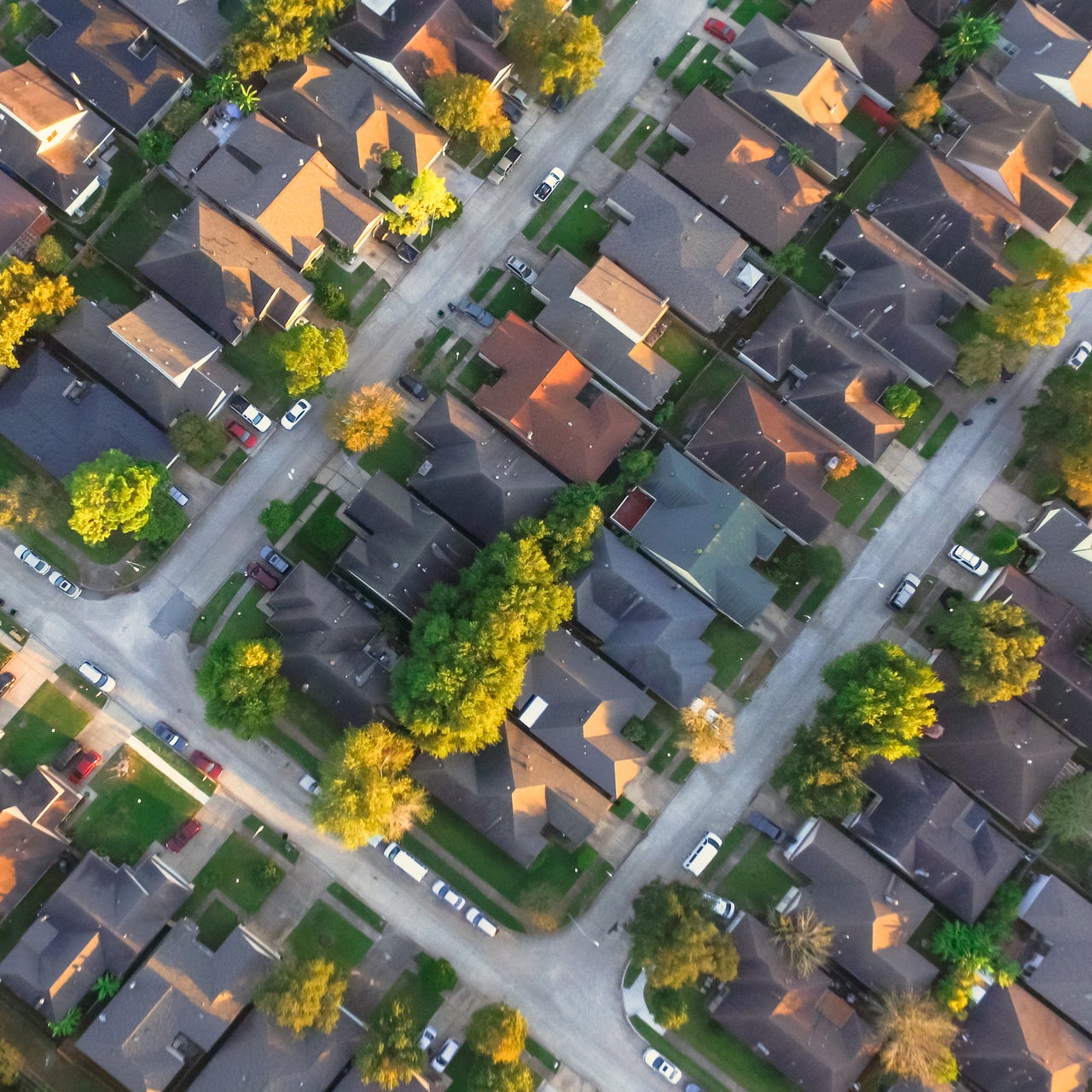 An aerial view of a populated residential locality.