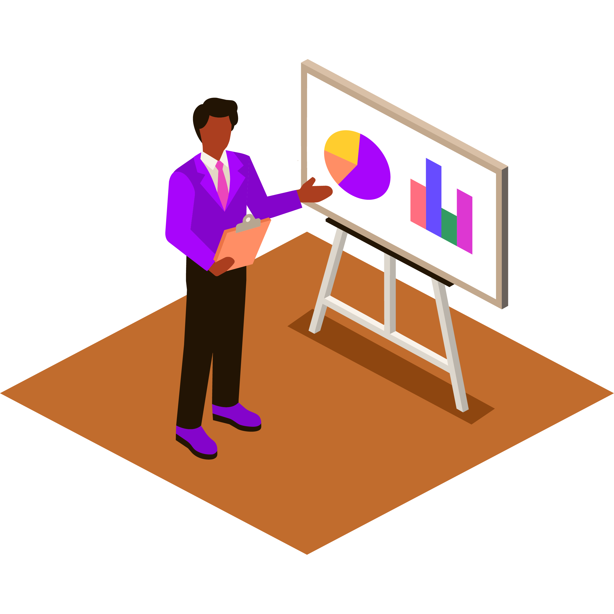 Illustration of a man with a clipboard standing in front of a whiteboard with charts on it