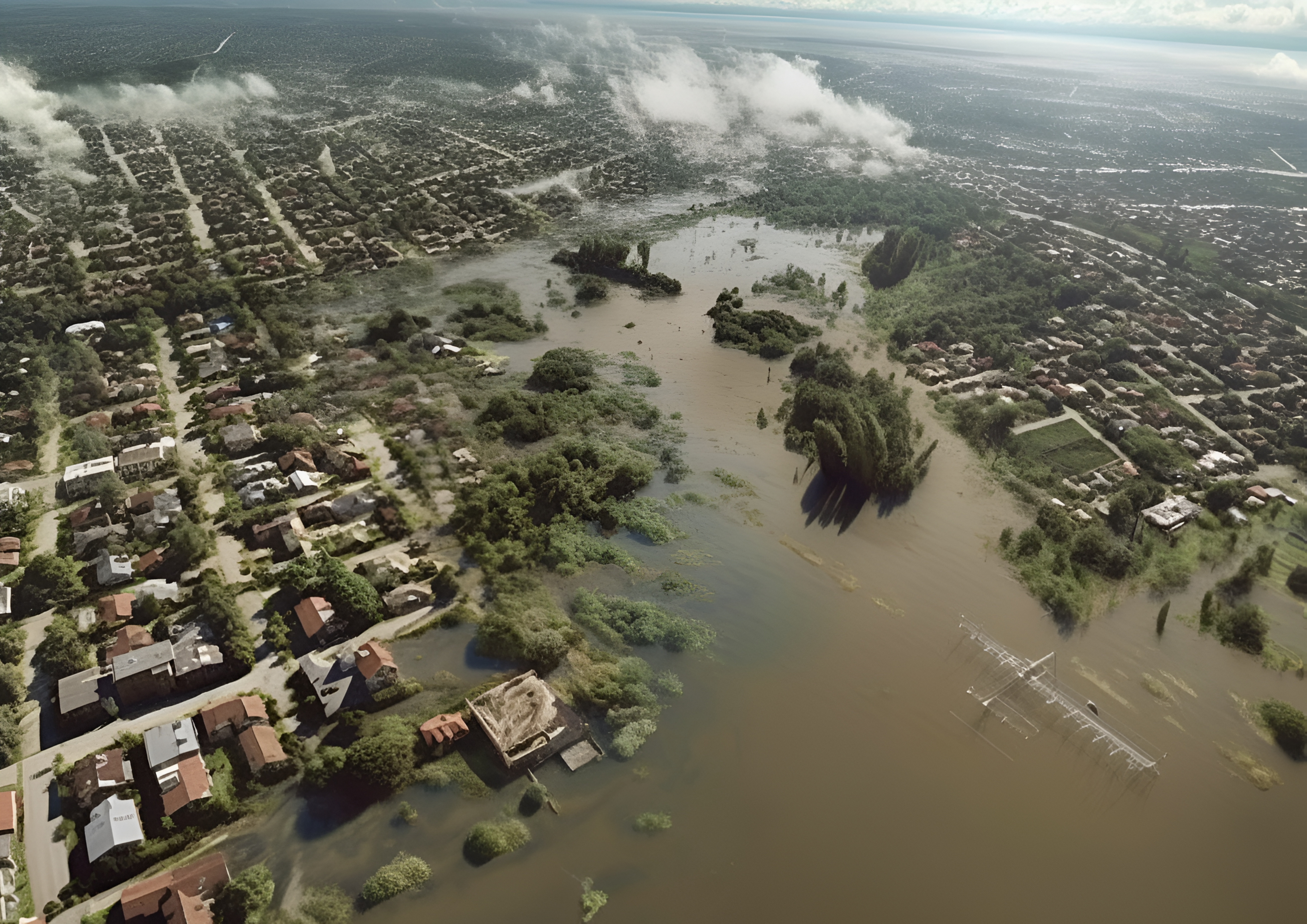 Aerial view of a flooded residential area.