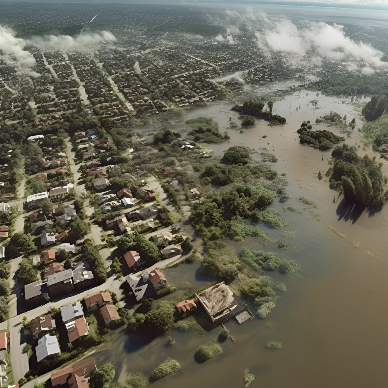 Aerial view of a flooded residential area.