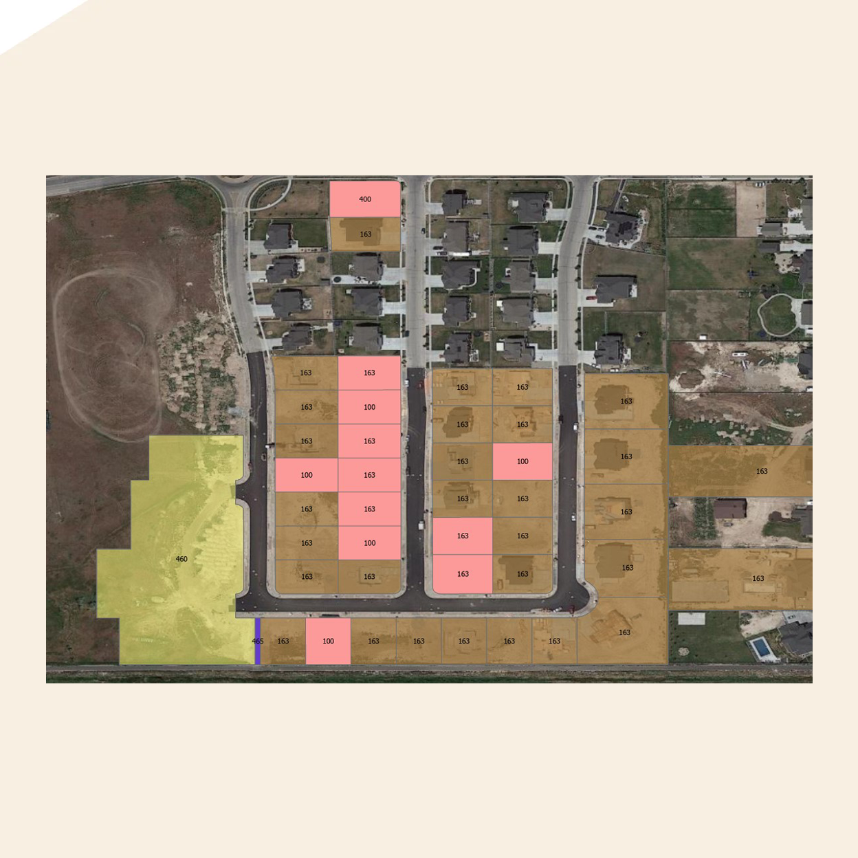 An aerial view of parcels of land with sections highlighted and numbered.