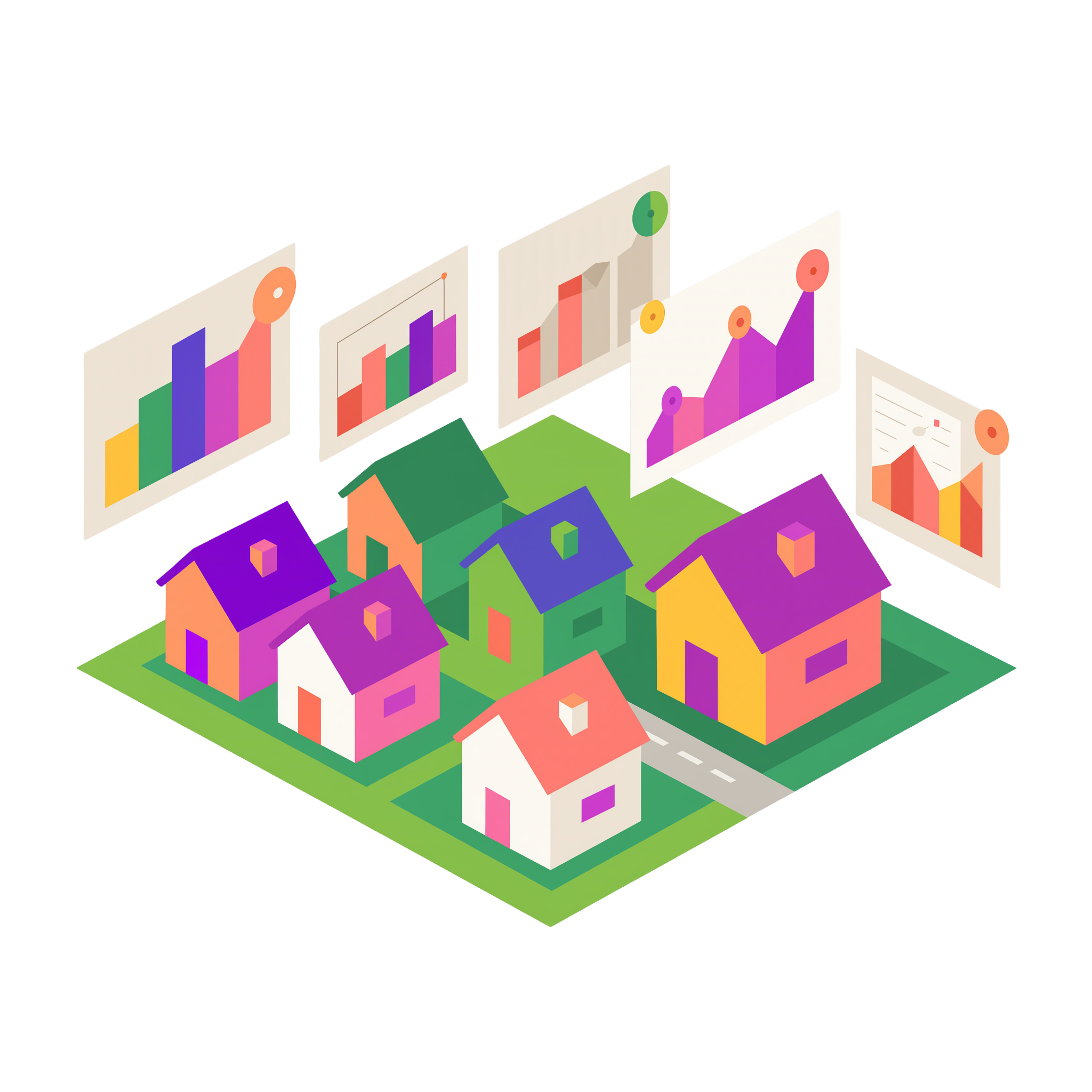 An illustration of houses with data above them.