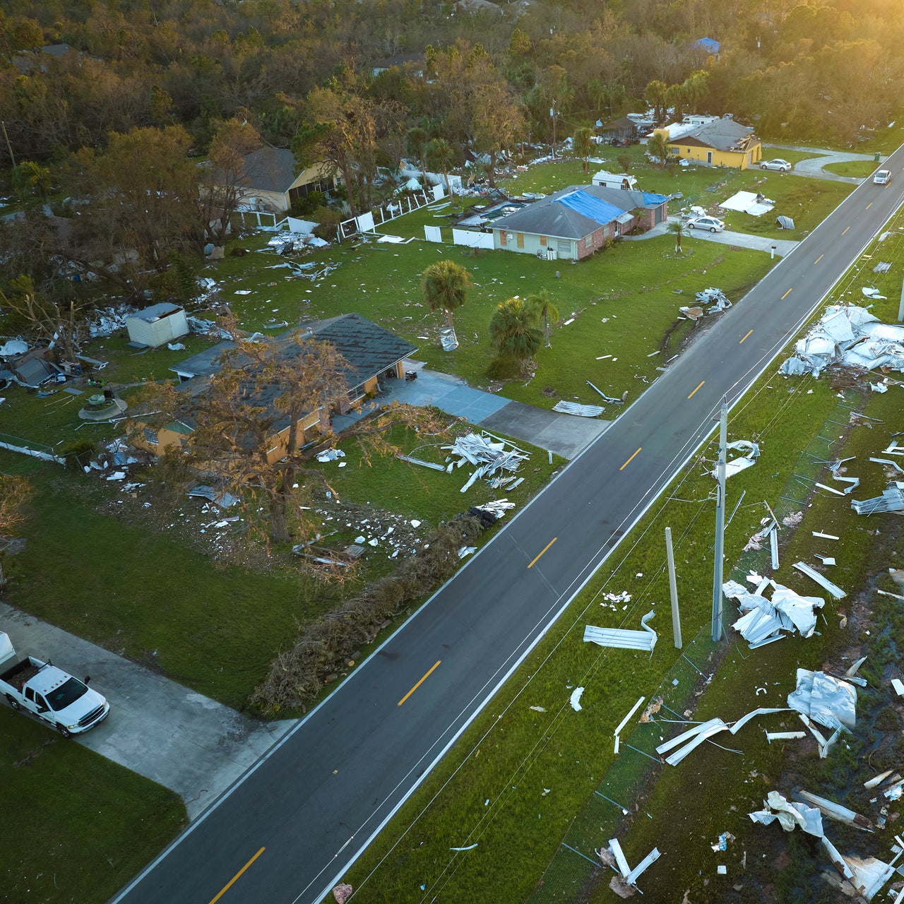Aerial view of damage from a severe convective storm