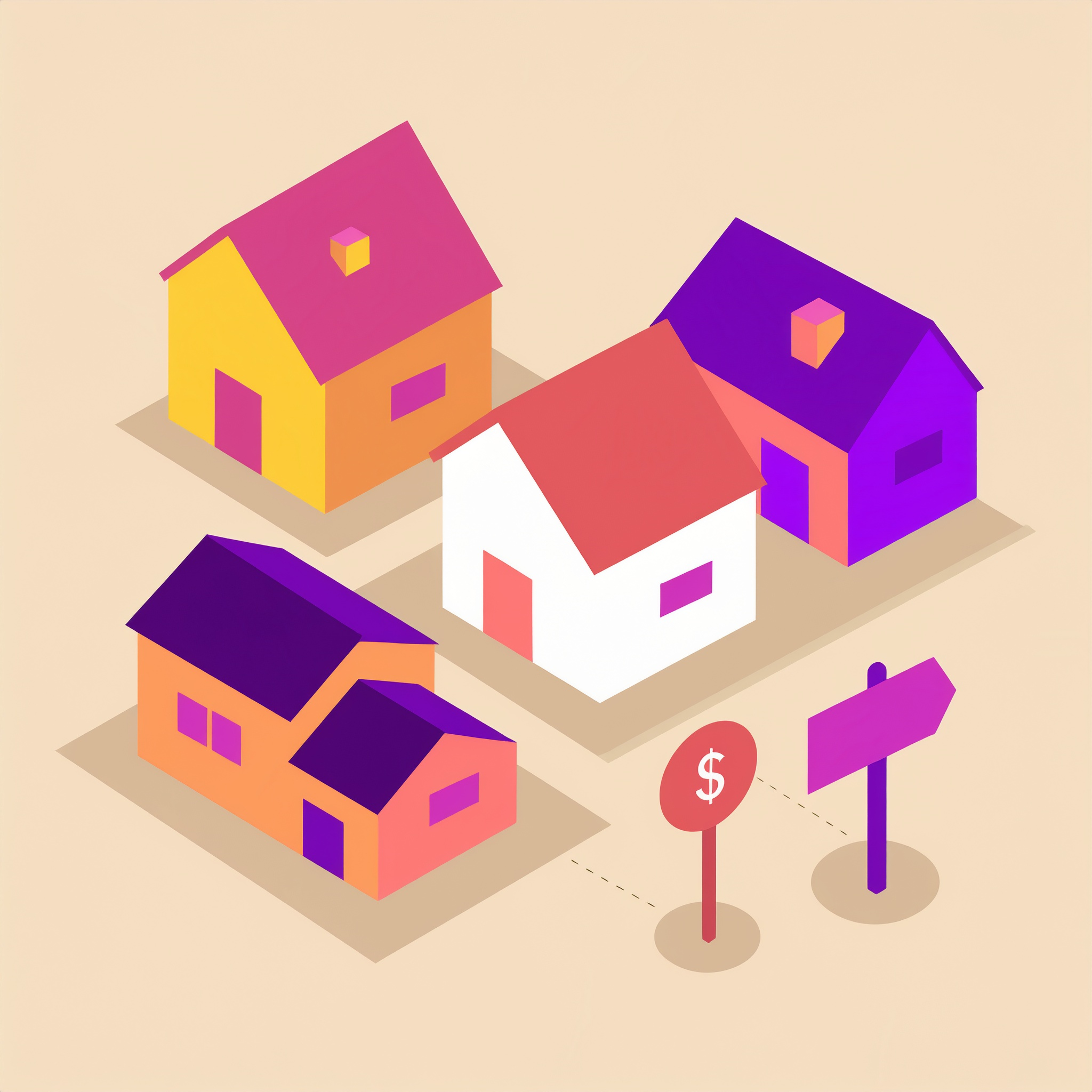 An illustration of a neighborhood with an arrow sign and a sign with a dollar on it indicating home price index.