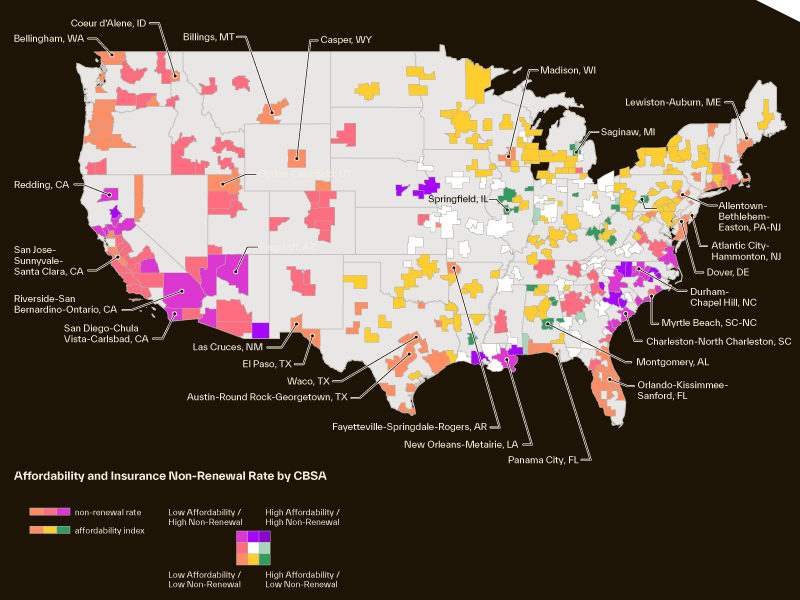 Map of United States showing Affodability and Insurance Non-Renewal Rate by CBSA
