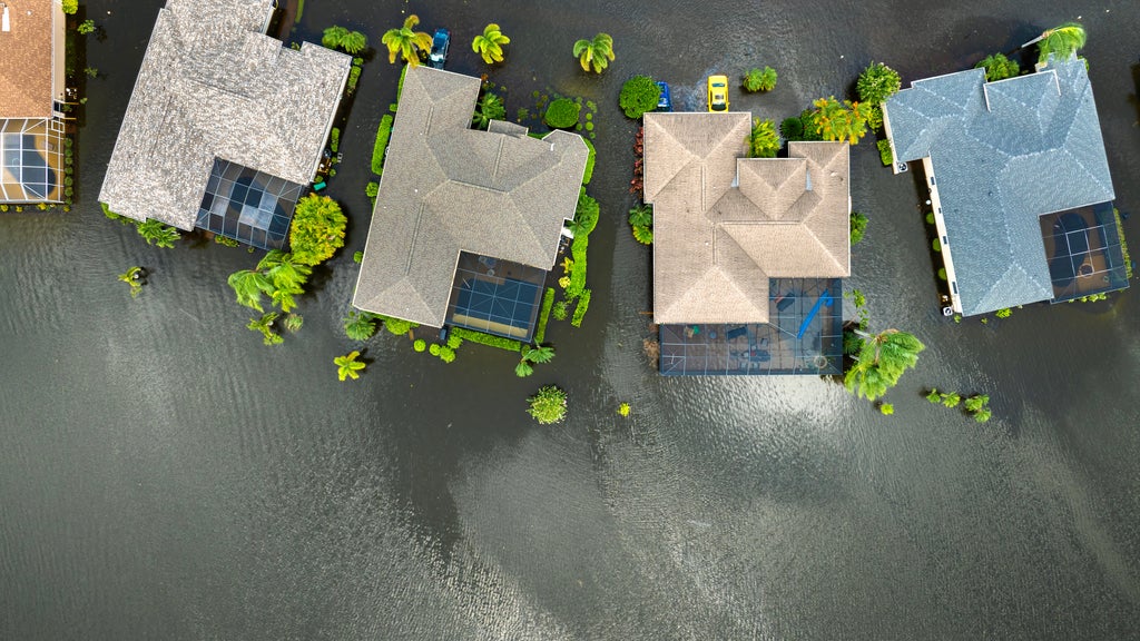 Aerial view of flooded homes