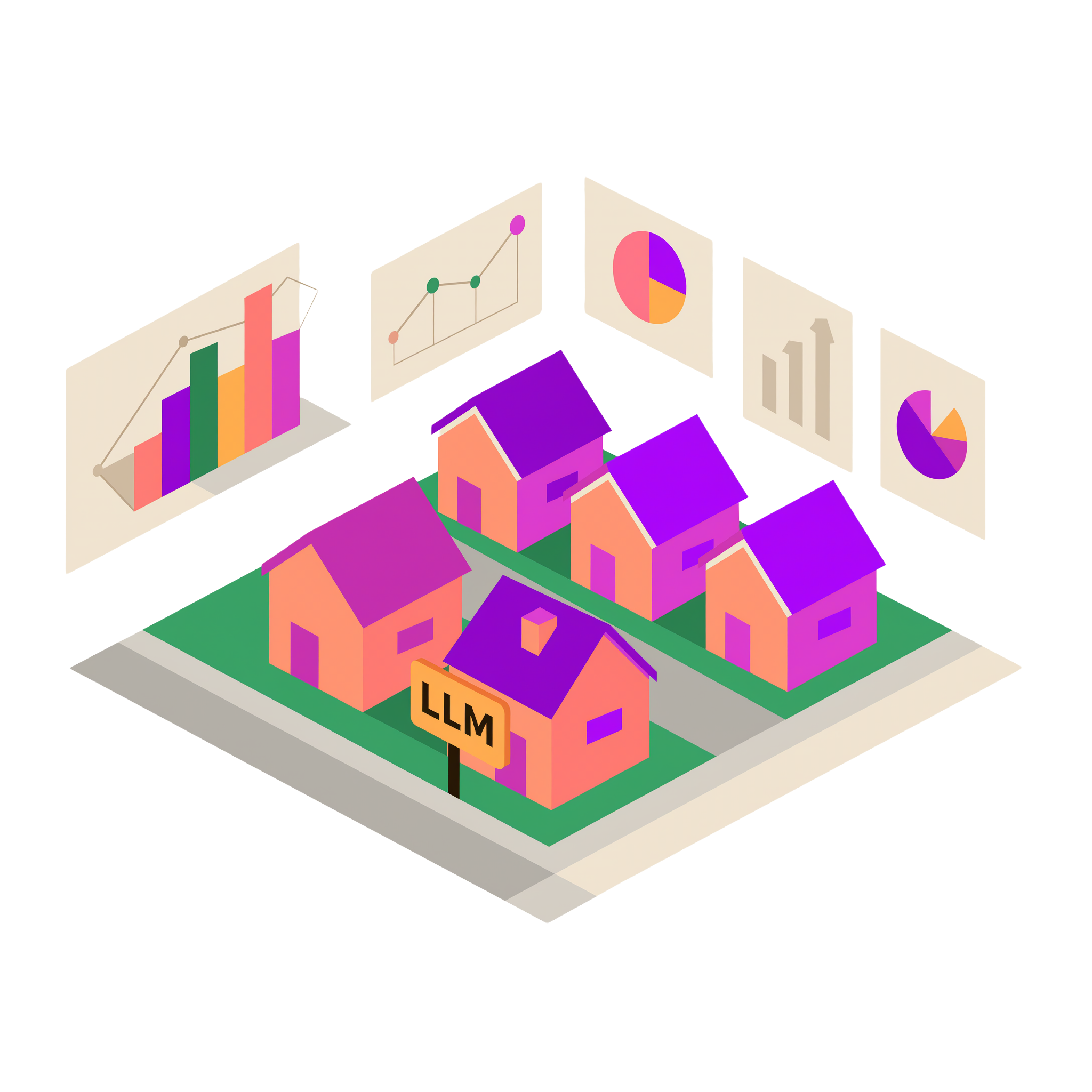 A graphic of suburban houses with a sign in front of them that reads "LLM" and data displayed above the houses.