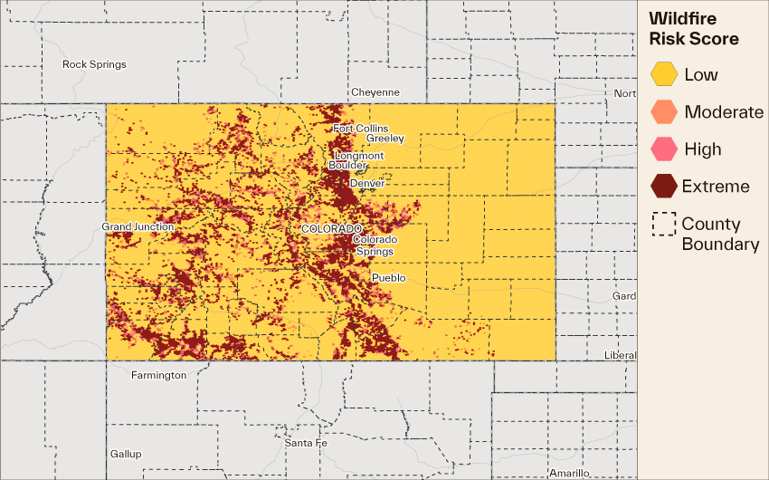 map of Cotality Wildfire Risk Score in Colorado 