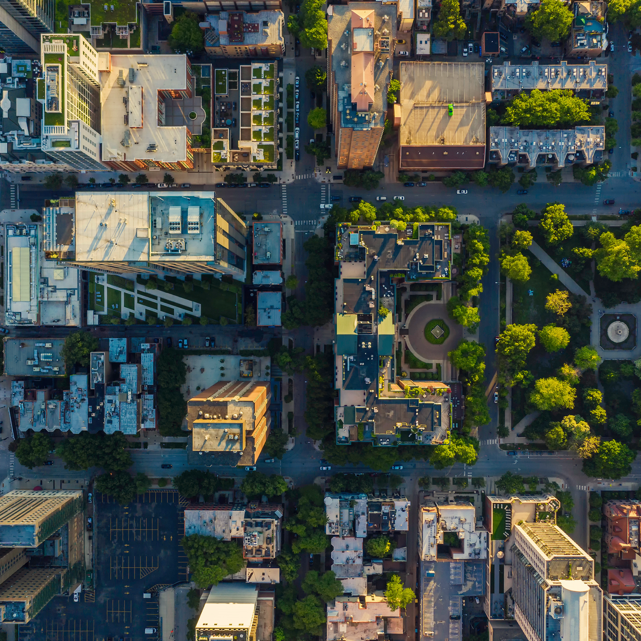 An areal view of a downtown with businesses