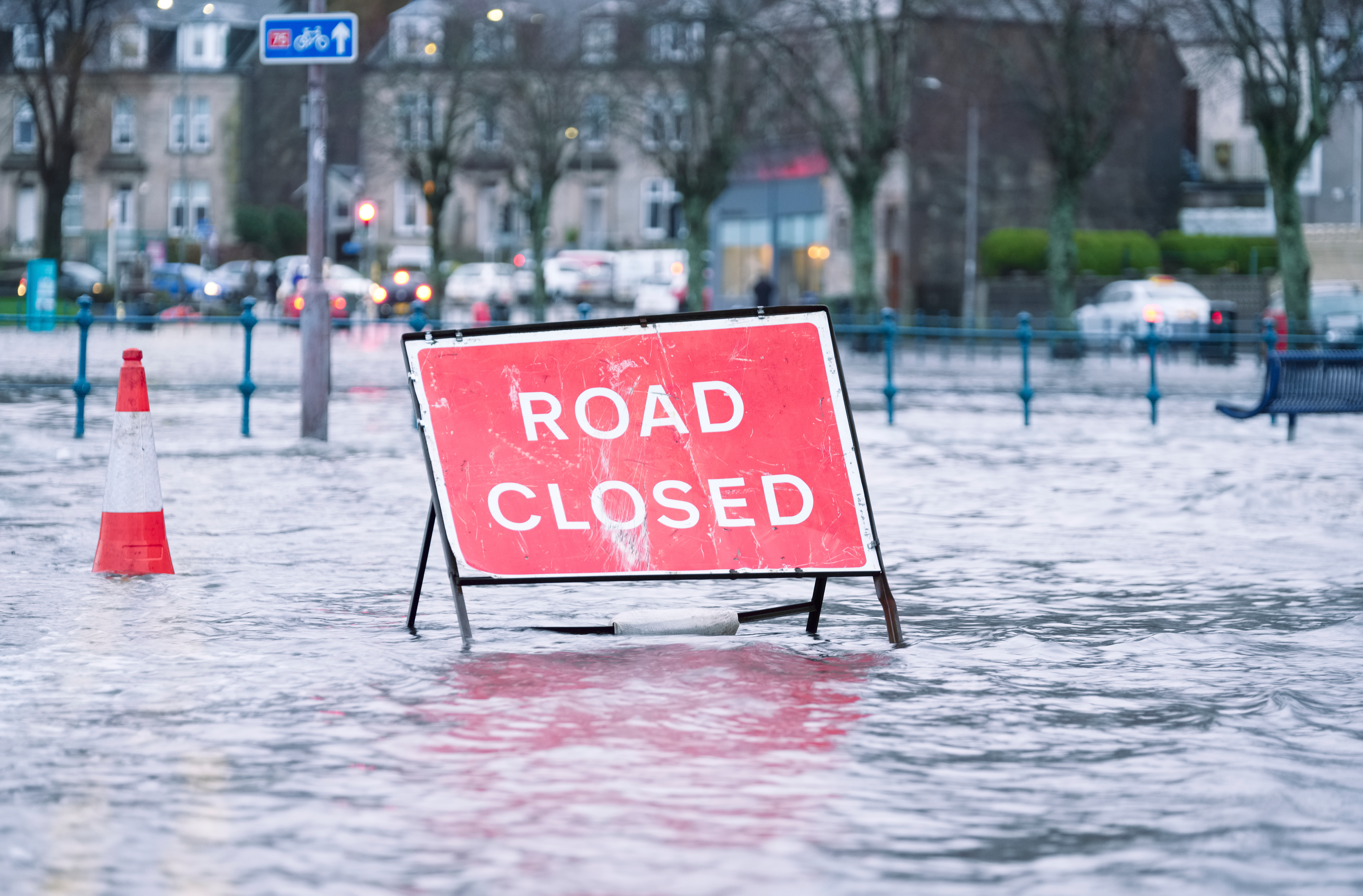 Road closed sign due to a flood