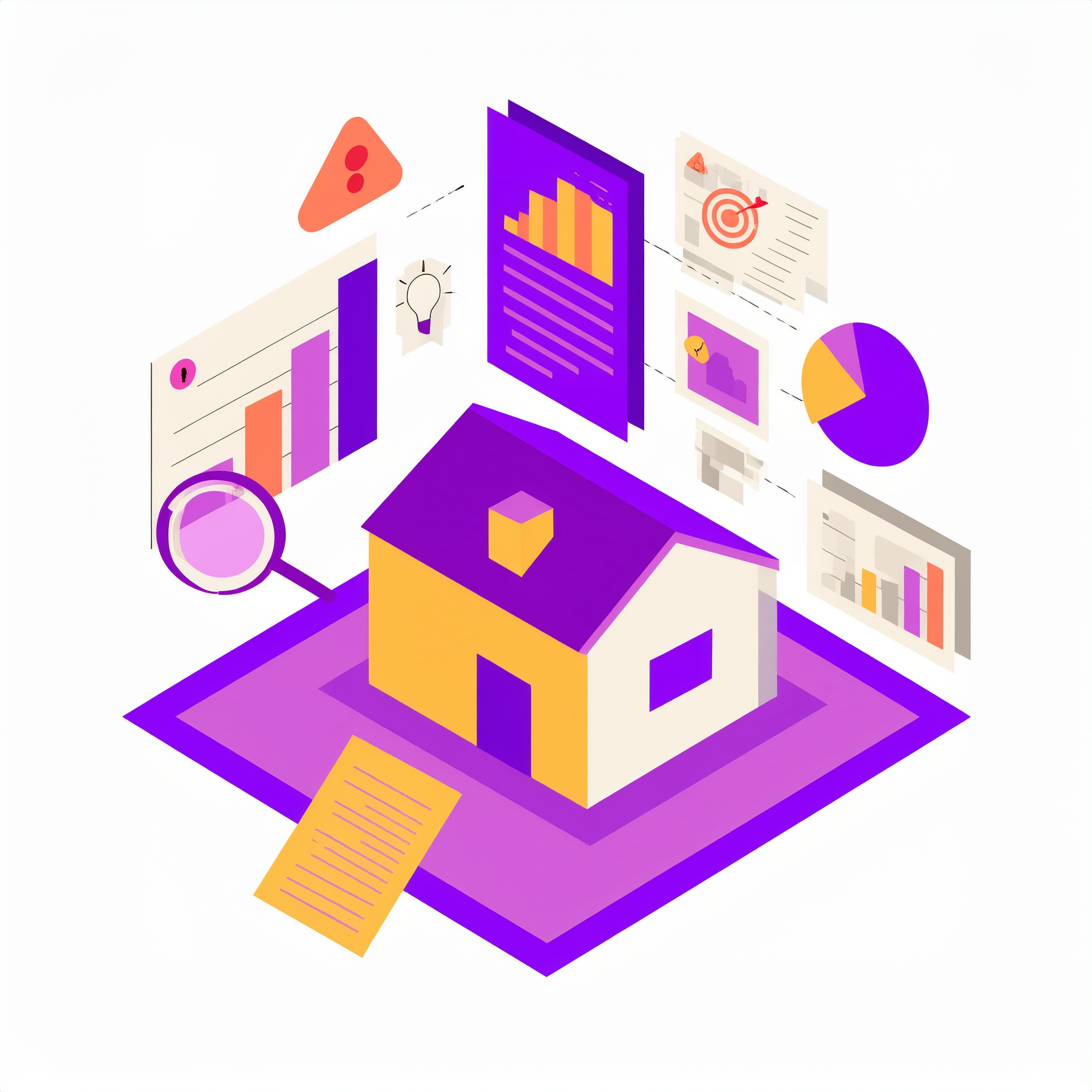 Illustration of a house with a document, magnifying glass, and charts showing loan assignment data.