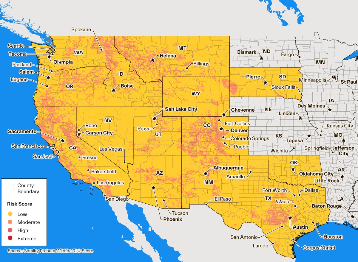 Map of residential properties and their wildfire risk score throughout the western United States
