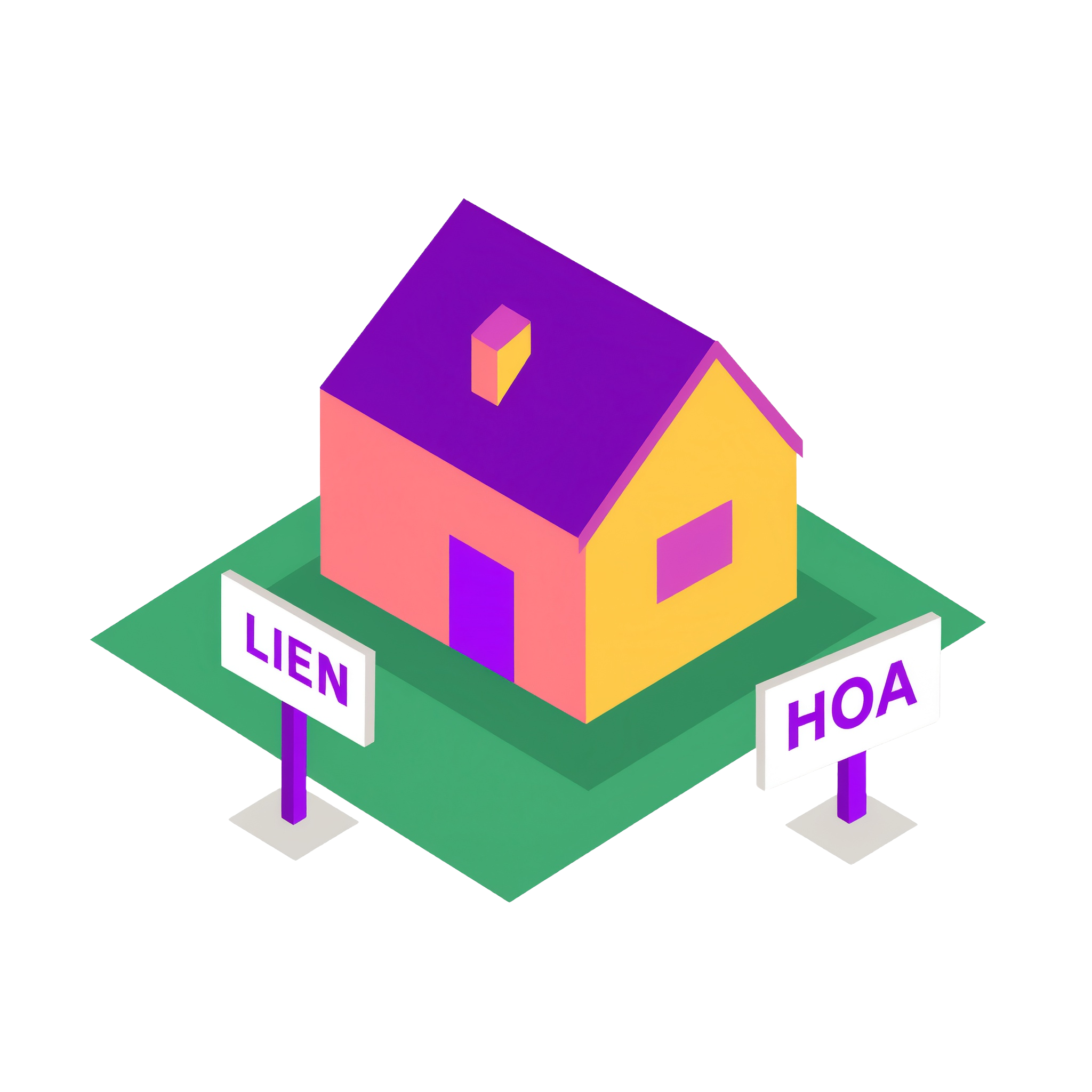 An illustration of a house with signs in front of it that read "Lien" and "HOA" indicating HOA and mechanics lien data.