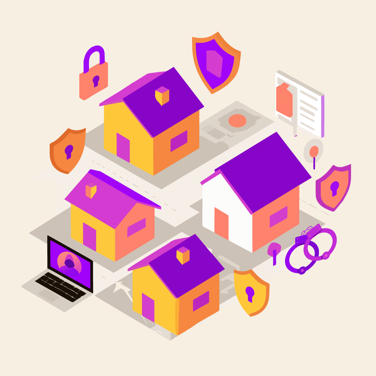 Illustration of a neighborhood with a laptop and shield icons and locks showing neighborhood crime data.