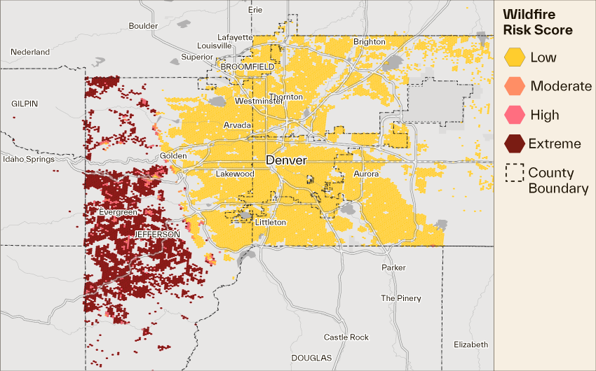 map of Cotality Wildfire Risk Score in Denver, Colorado 