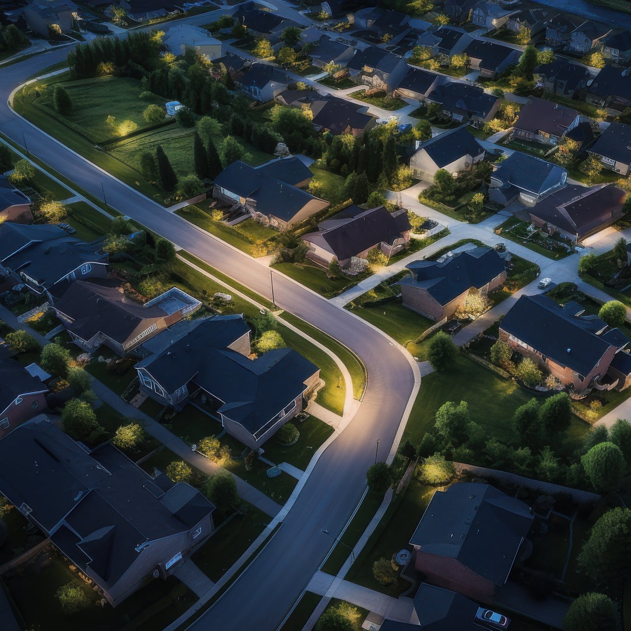 An aerial view of a suburban neighborhood at twilight, with warmly lit homes lining curving streets.