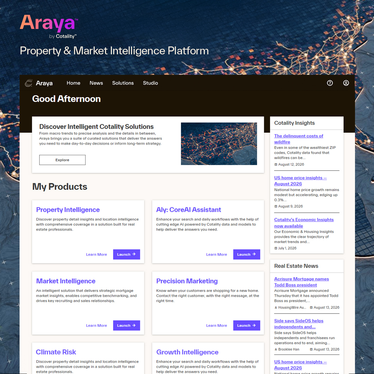 The Araya main page on the Cotality website showing property data tools.