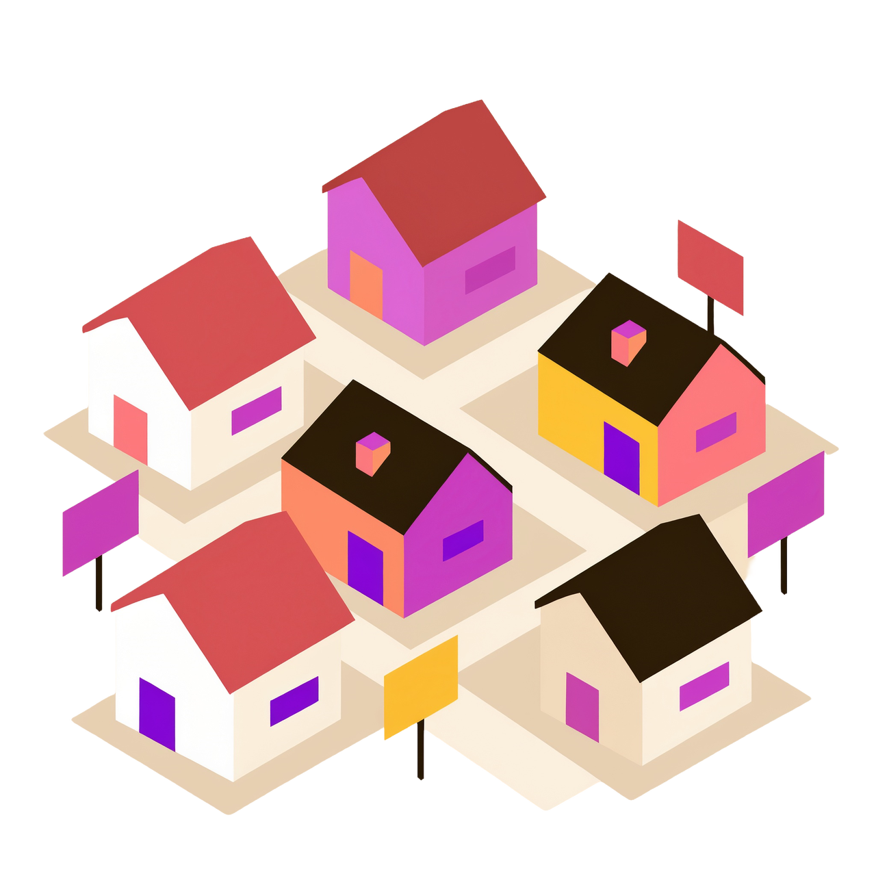 An illustration of a neighborhood with blank foreclosure signs in front of some houses indicating pre-foreclosure data.