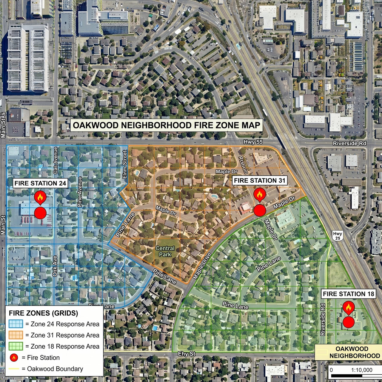 Neighborhood fire zone map displaying station locations and response area grids for property underwriting analysis.