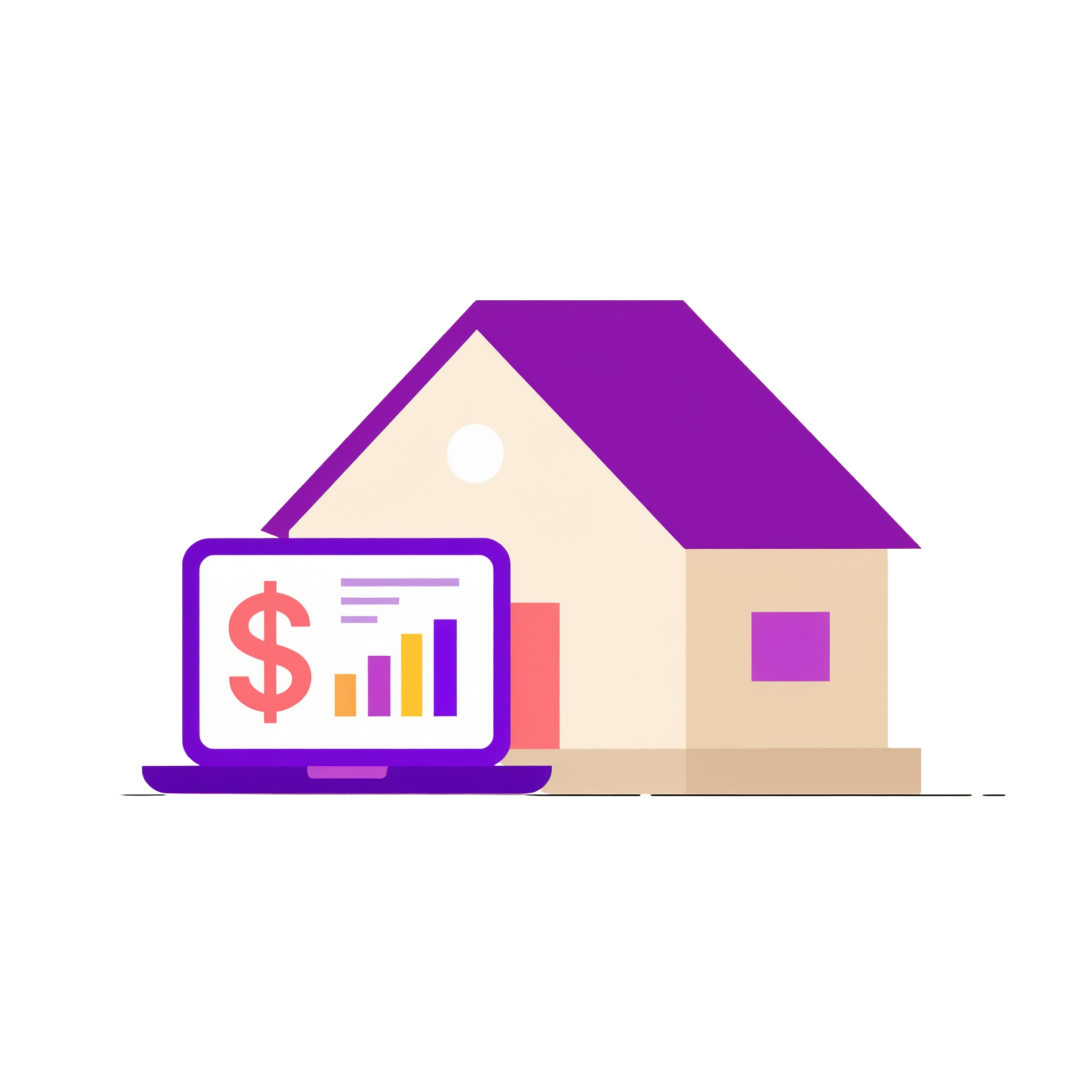 An illustration of a house with an open laptop that has a dollar sign and bar graph on the screen for home value.