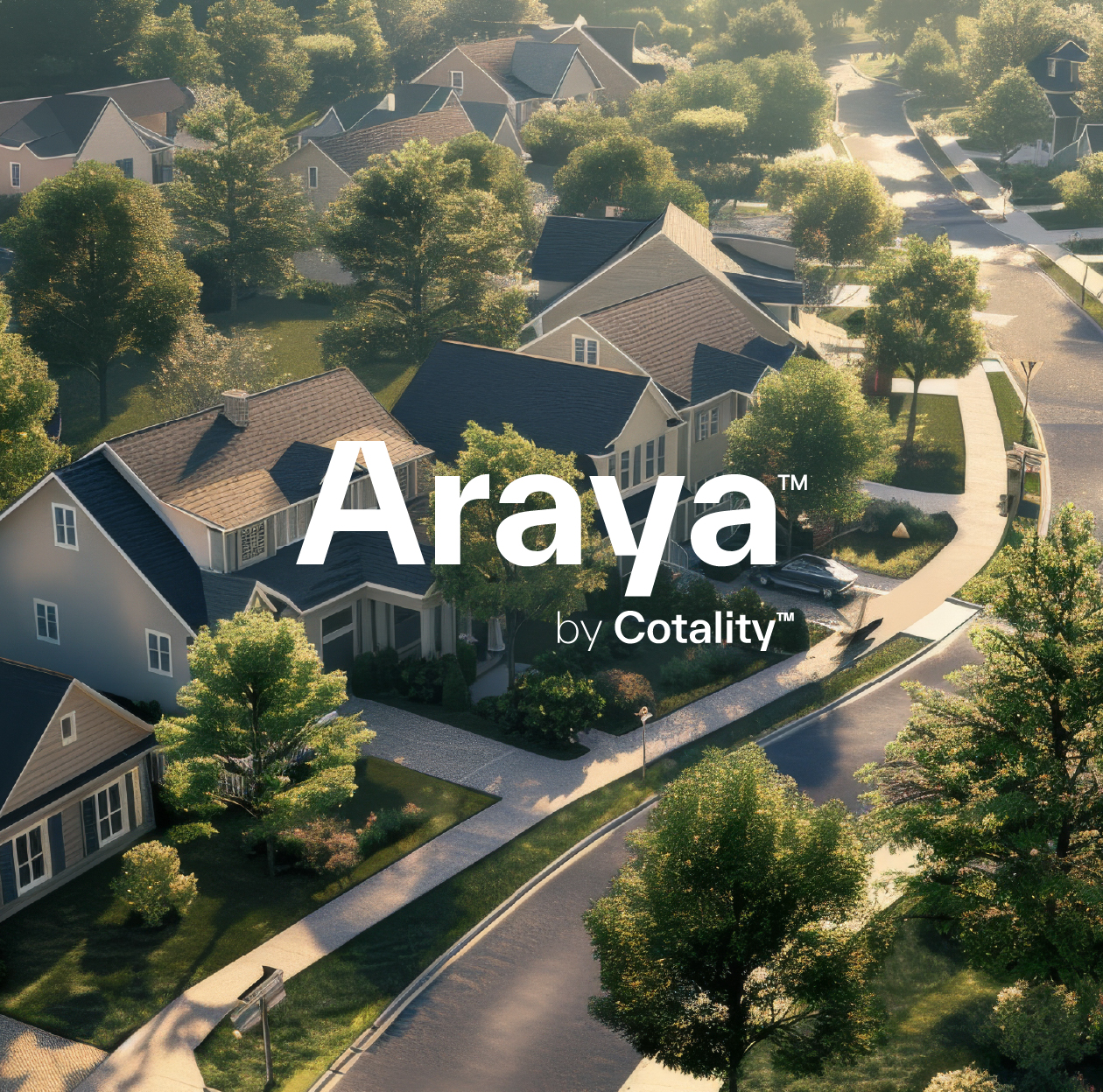 An aerial view of a residential neighborhood, superscribed with "Araya by Cotality." The development features multiple houses with varied roof designs and colors, surrounded by trees and well-maintained lawns.