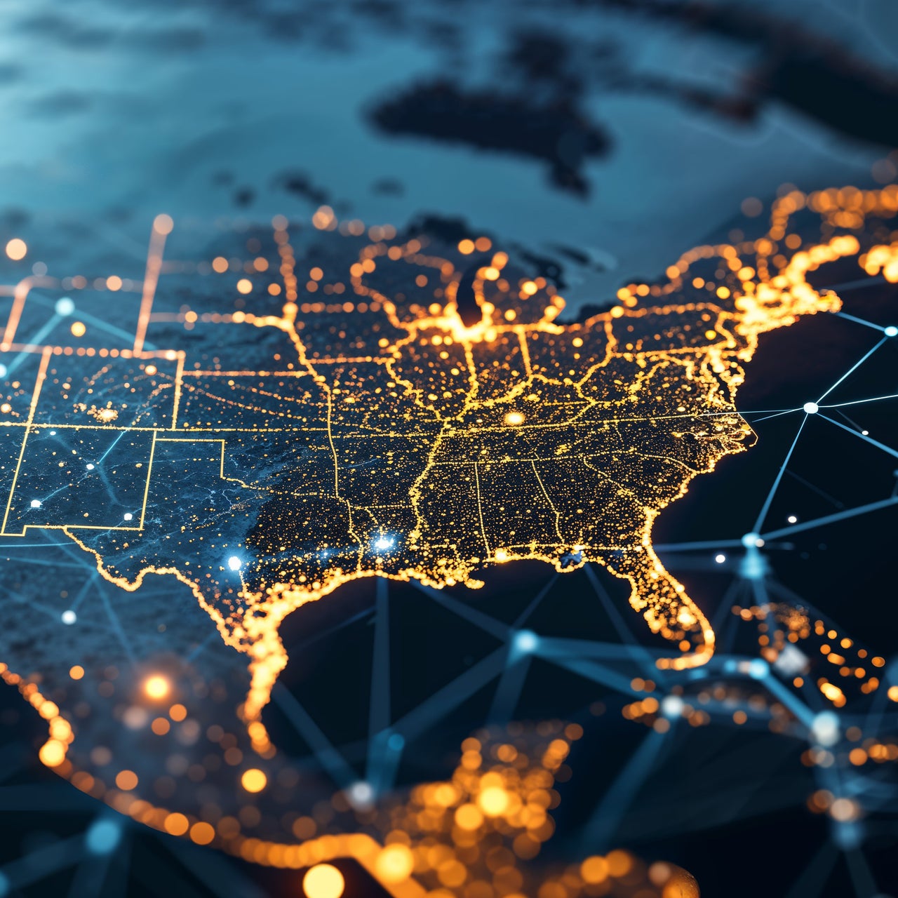 An illuminated digital image of electronic networks in a portion of globe.