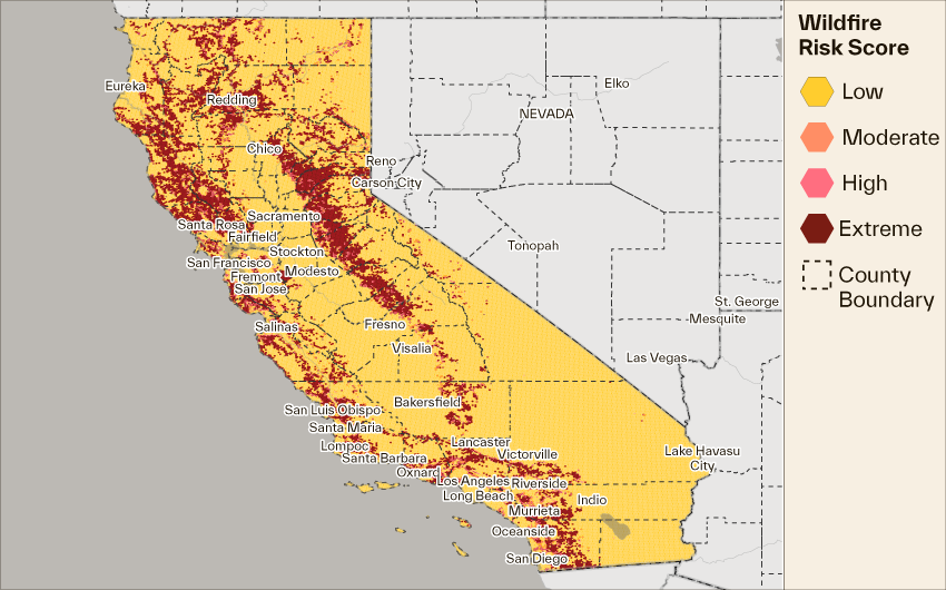 map of Cotality Wildfire Risk Score in California 