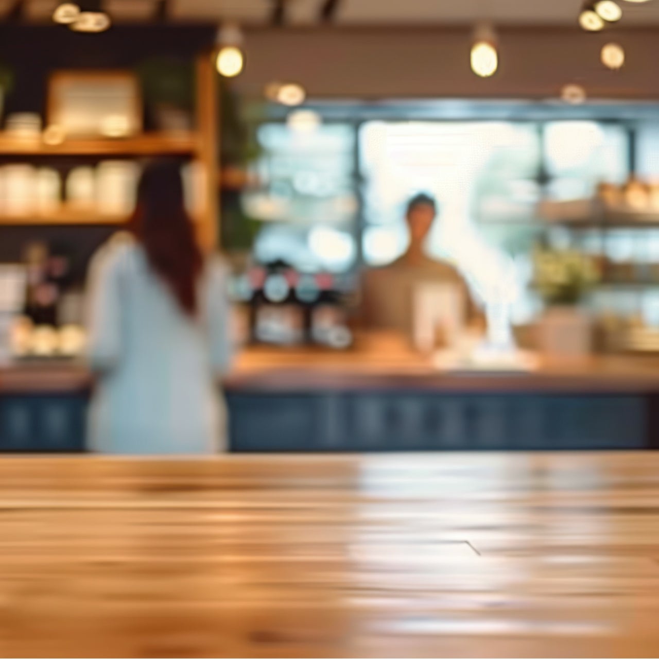 Wooden table in cafe perfect for product placement, with blurred background of workers and customers in a retail space.