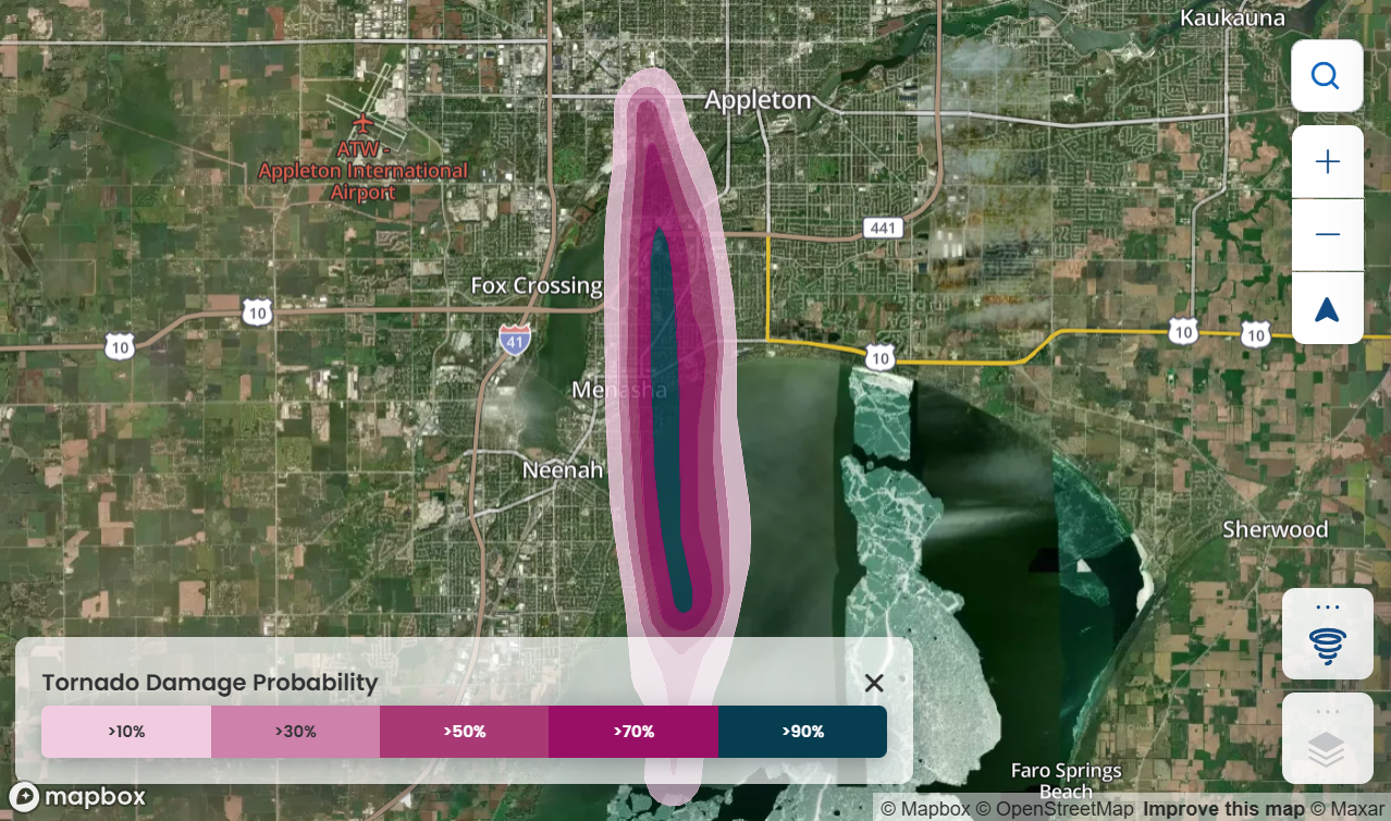 Figure: Map of tornado damage probability near Appleton, Wisconsin