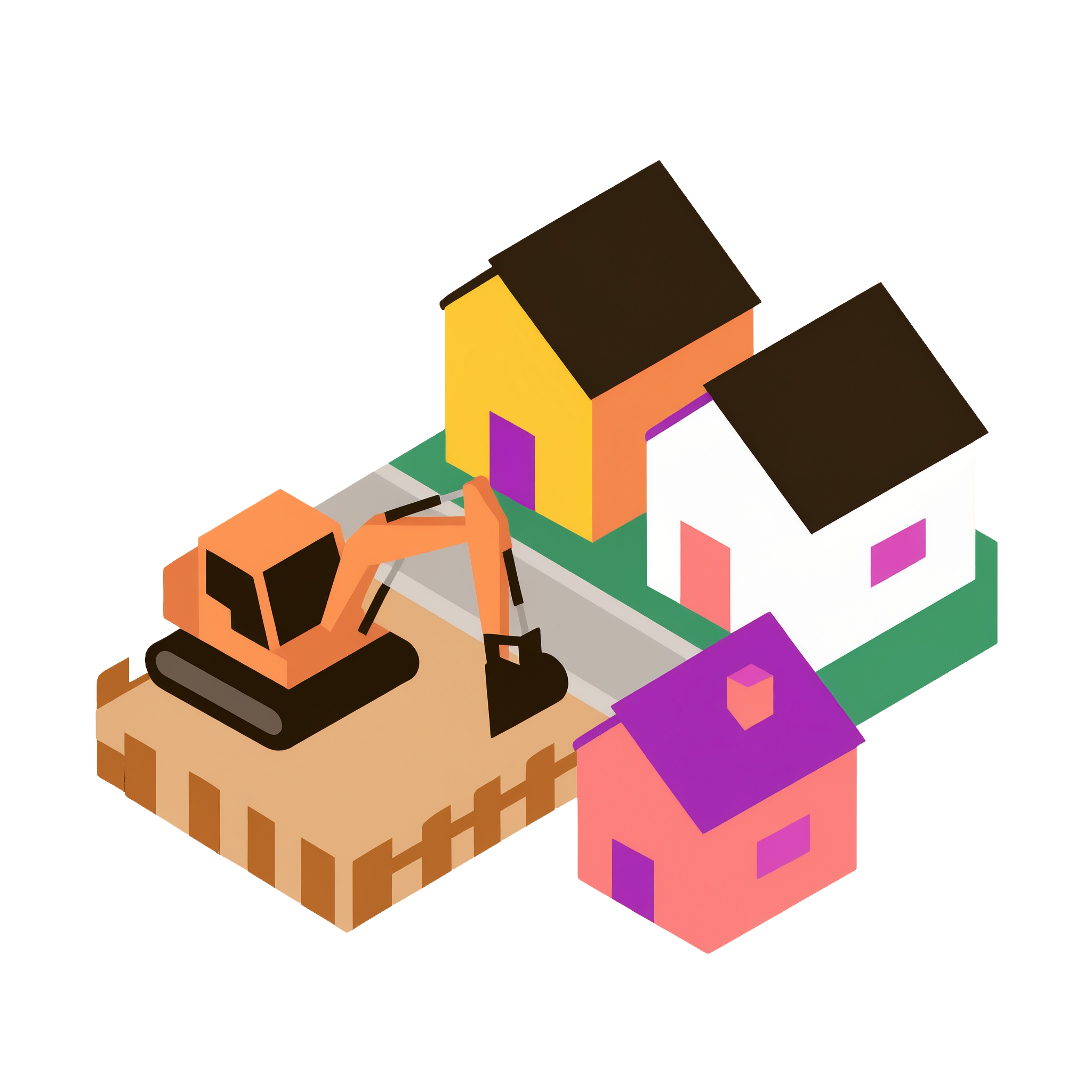 An illustration of new houses and an excavator breaking ground for another showing market trends.