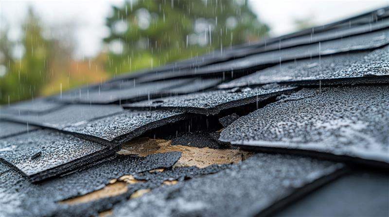 A damaged roof of the house is visible in the image.