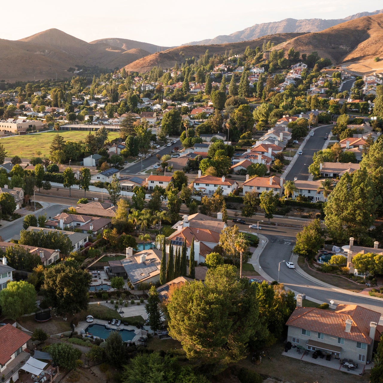 An aerial view of a residential locality in a suburban area.