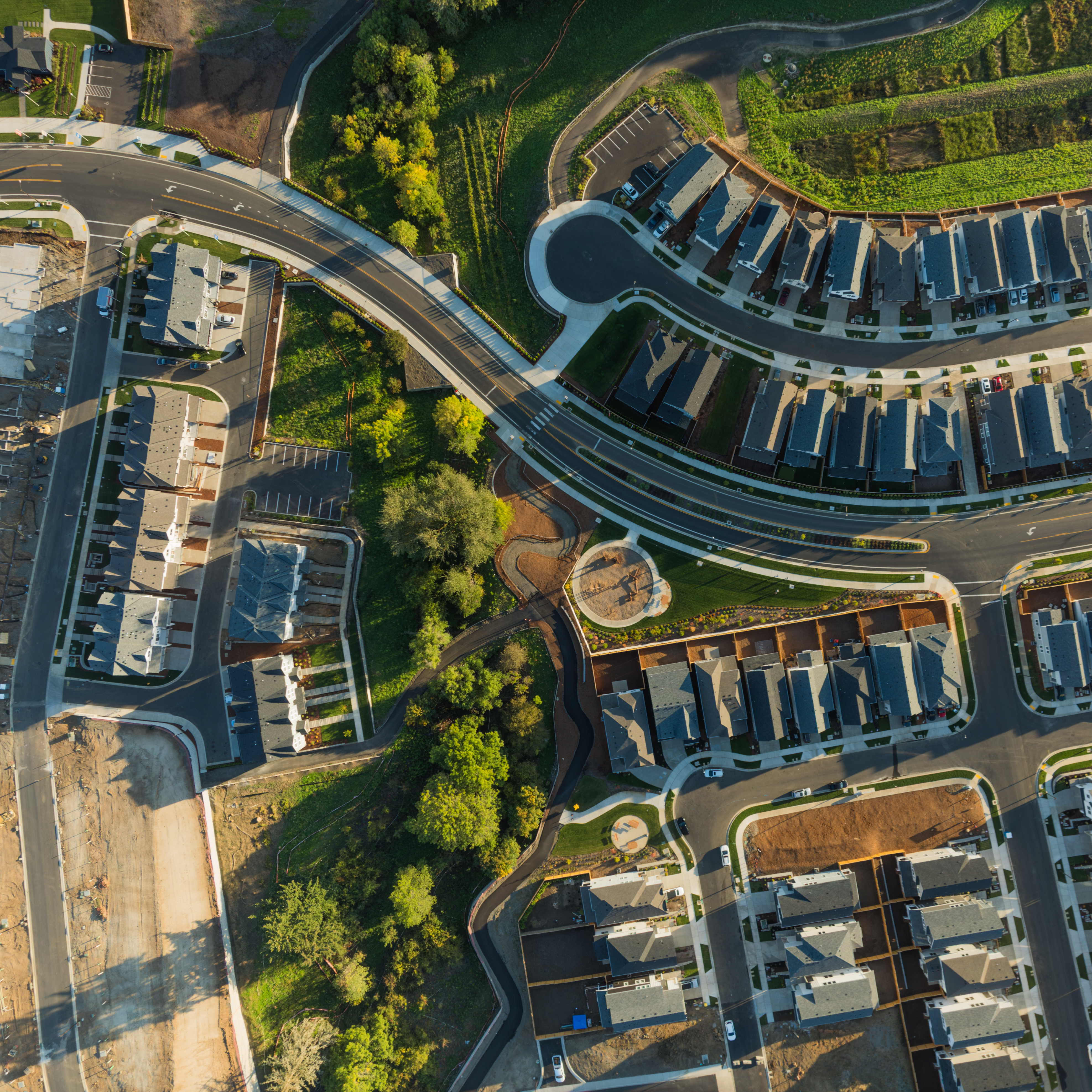 A residential area with many houses and a park. The houses are aligned with many trees in the area.