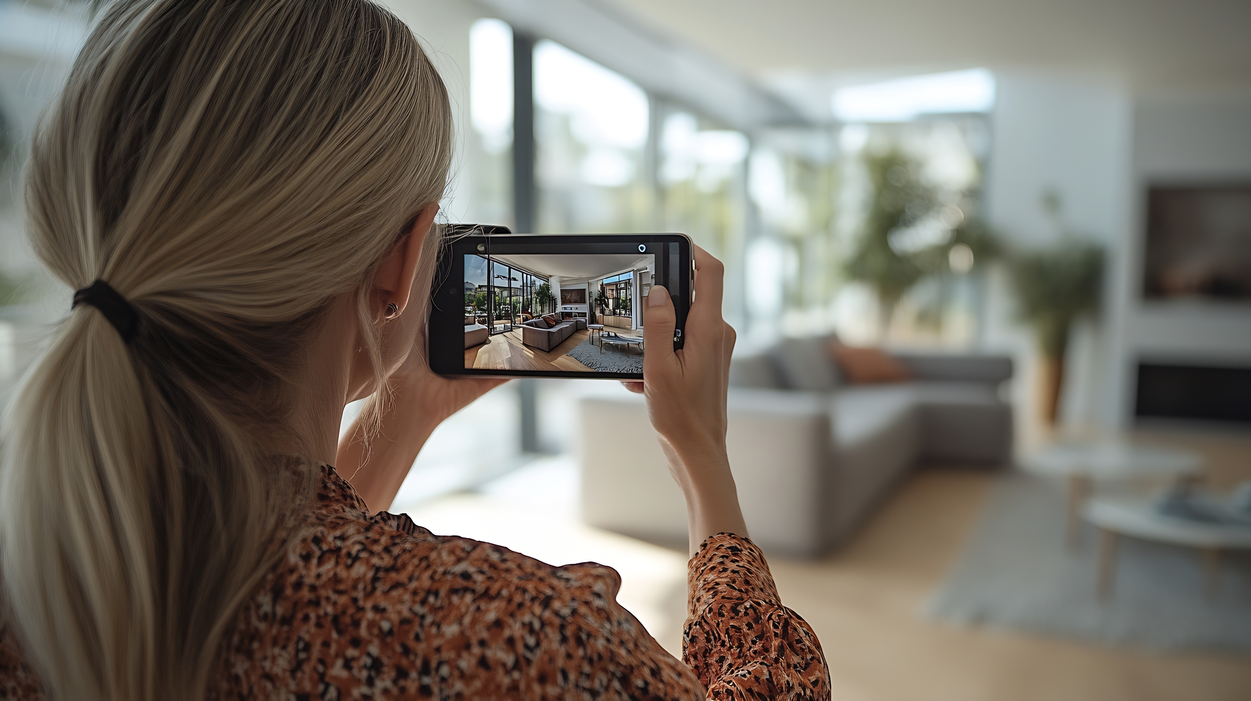 The image depicts a real estate agent taking a picture of a living room using their phone