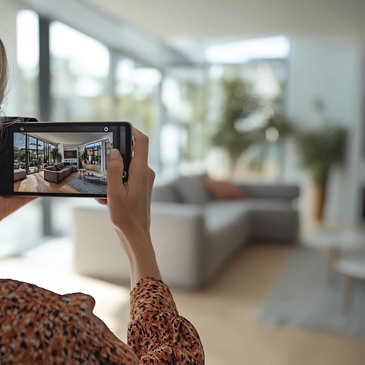 The image depicts a real estate agent taking a picture of a living room using their phone