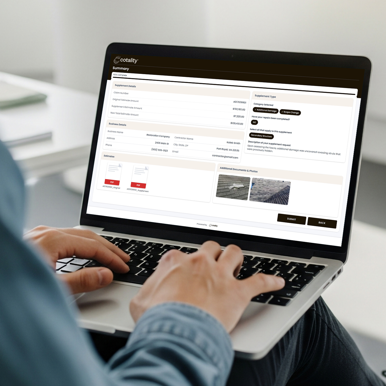 A contractor uses a carrier-branded portal on a laptop to submit a structured supplement request with required documents.