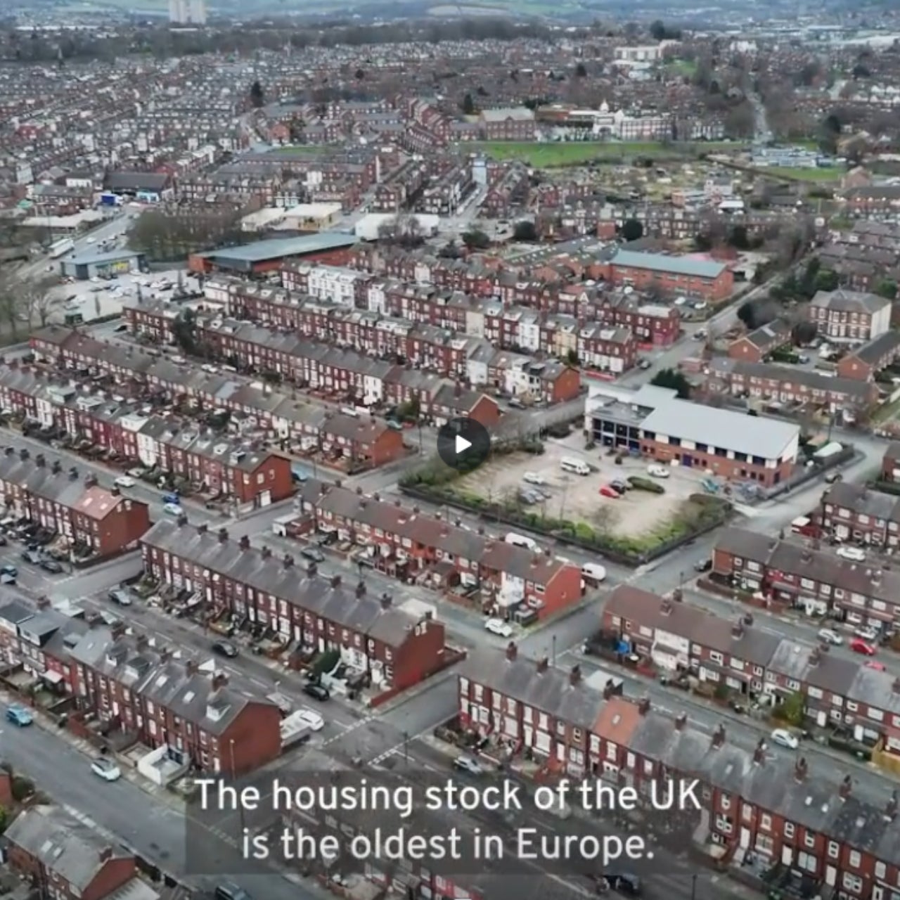 Image showing mixed housing stock with subtitle saying 'the housing stock of the UK is the oldest in Europe'.
