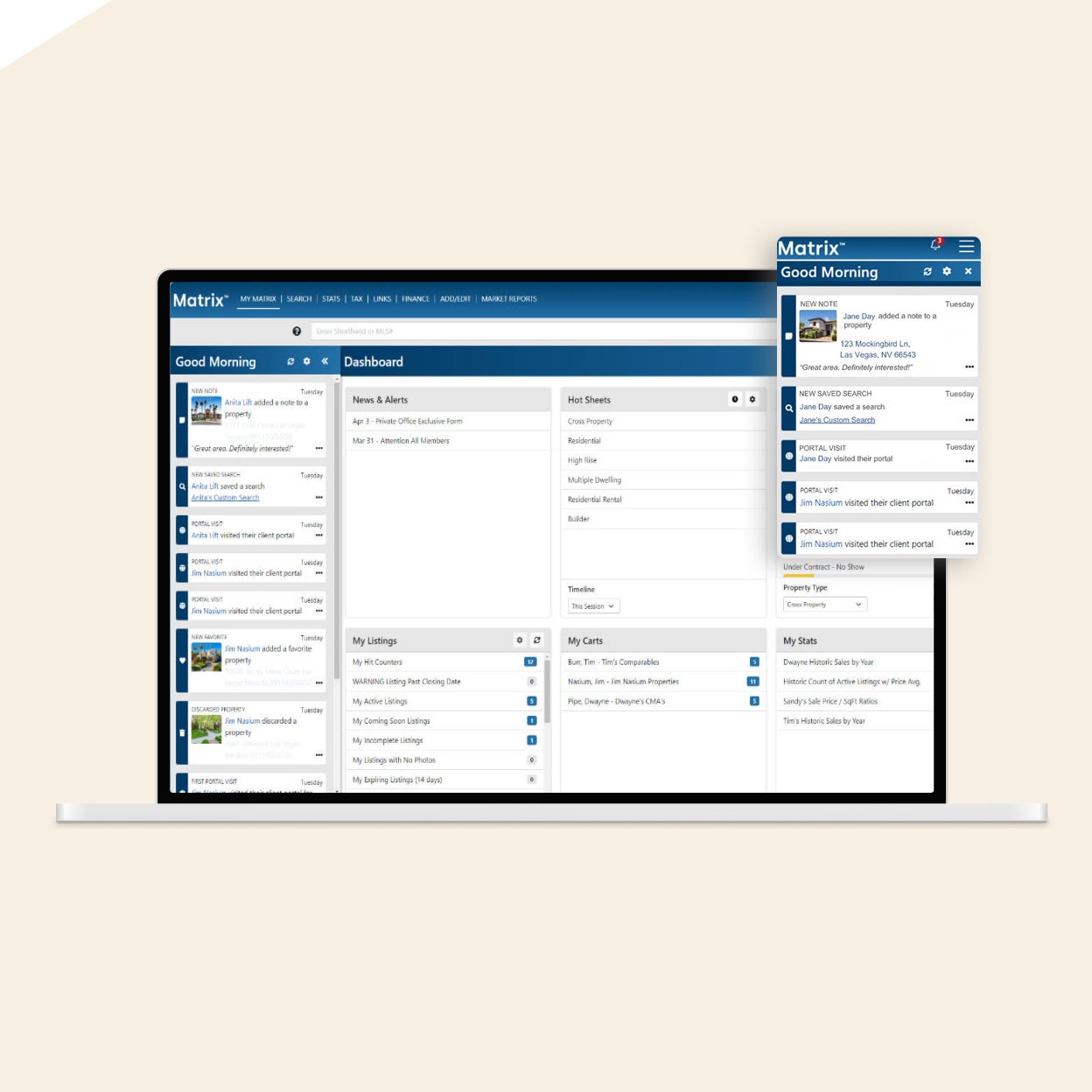 A real estate or property management system, displaying various metrics, alerts, and functionalities.