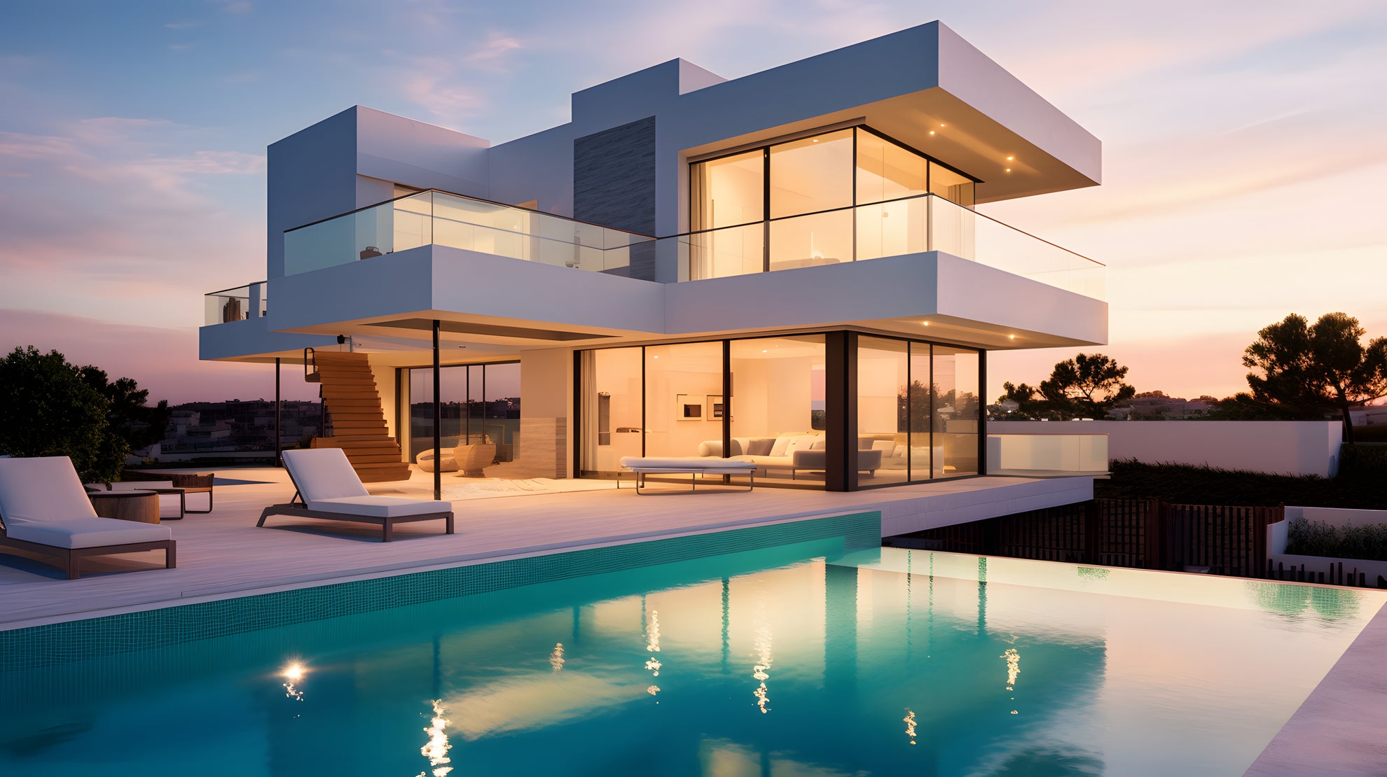 Architectural home with a pool.