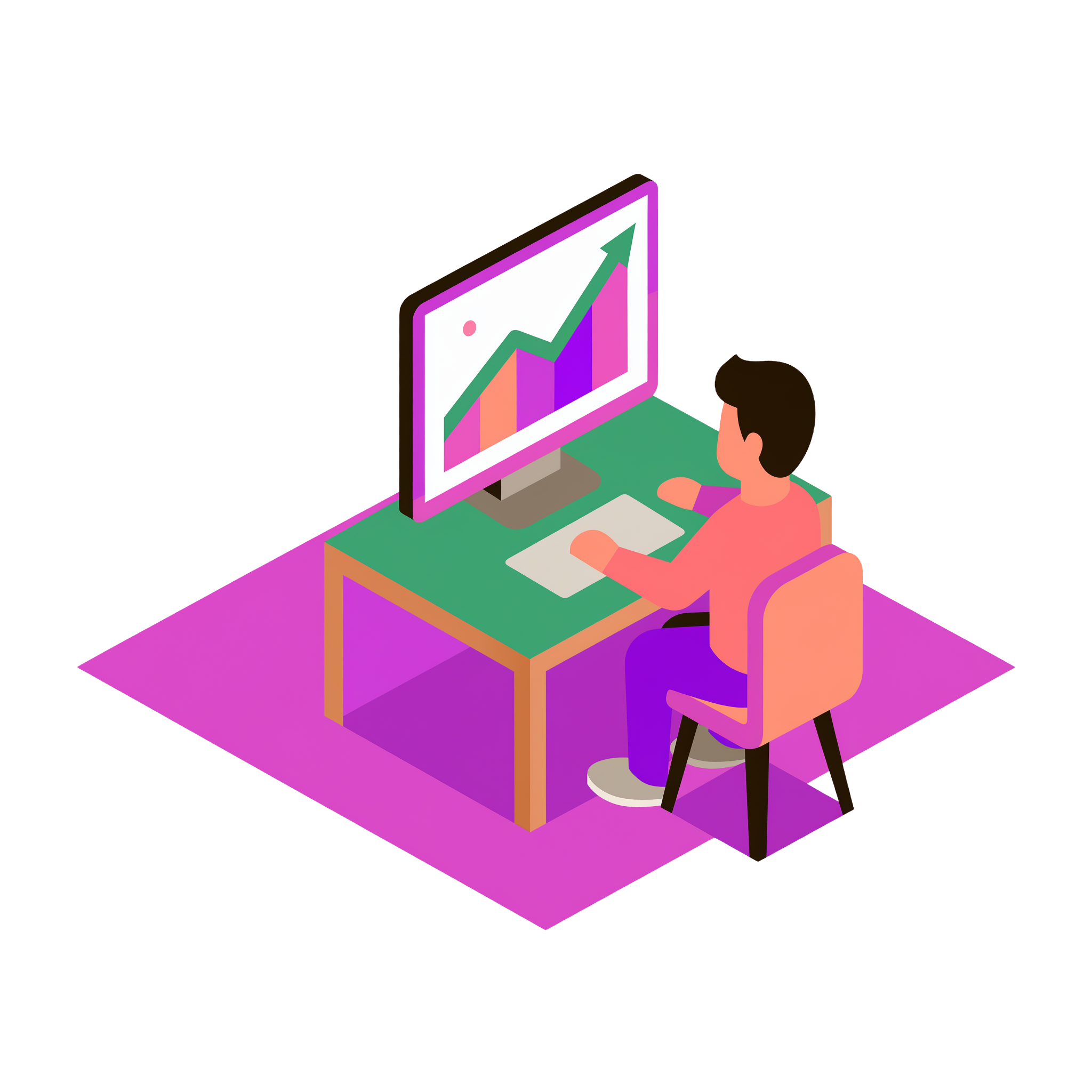 An illustration of a person sitting at a desk with a computer and a positive arrow on the screen.