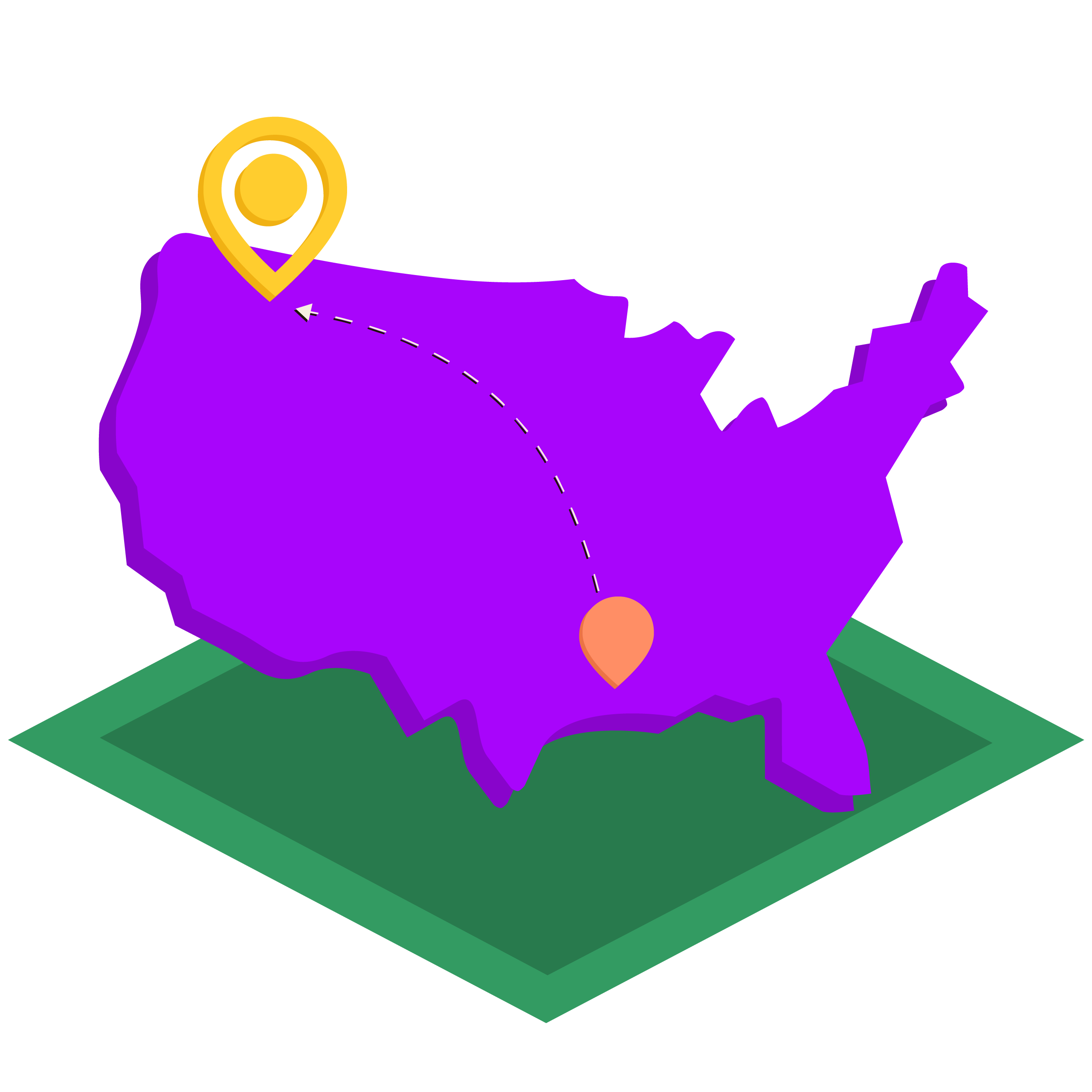 An illustration of the continental United States with two map markers, with one marker pointing at the other.