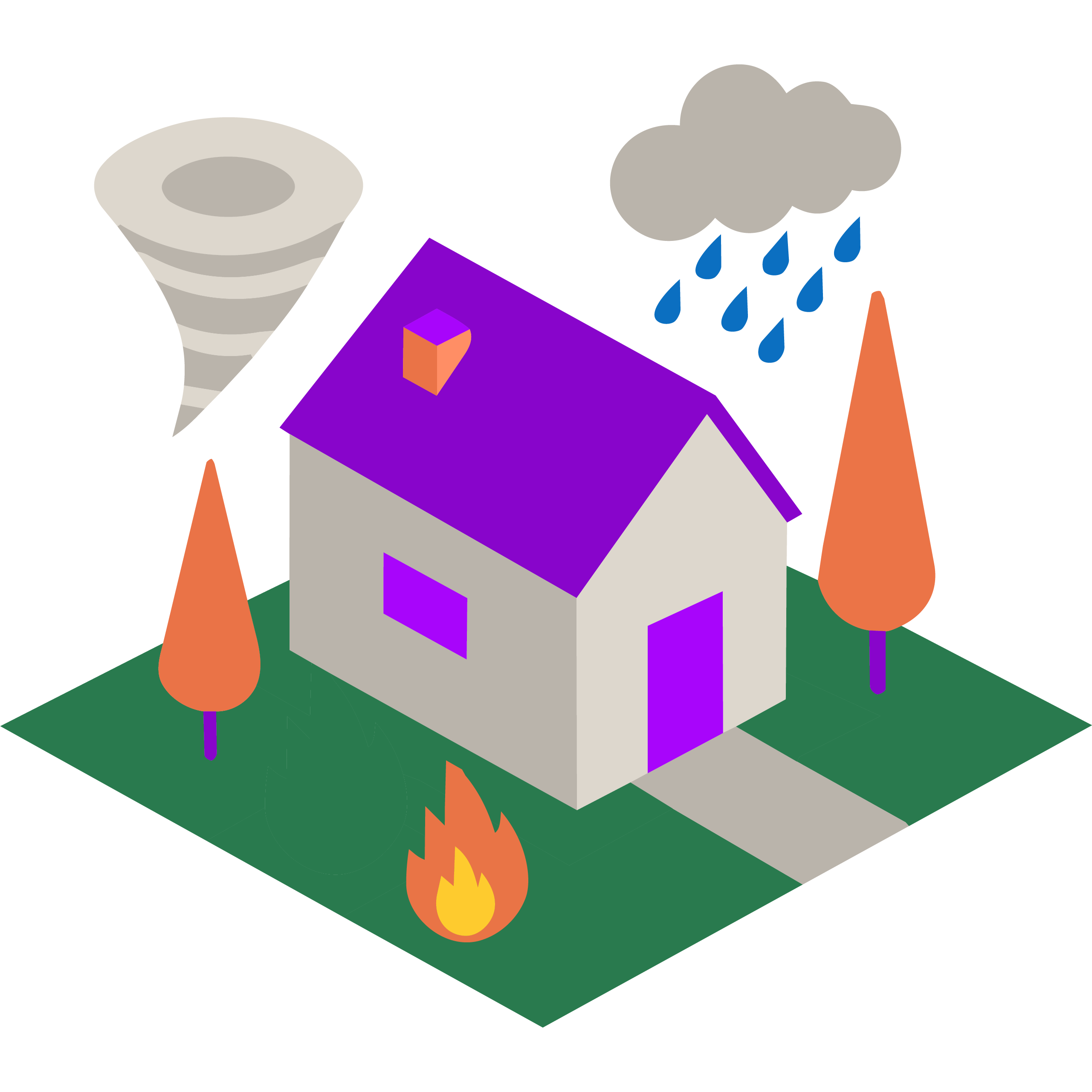 Illustration of a house with icons of a tornado, fire, and rain around it