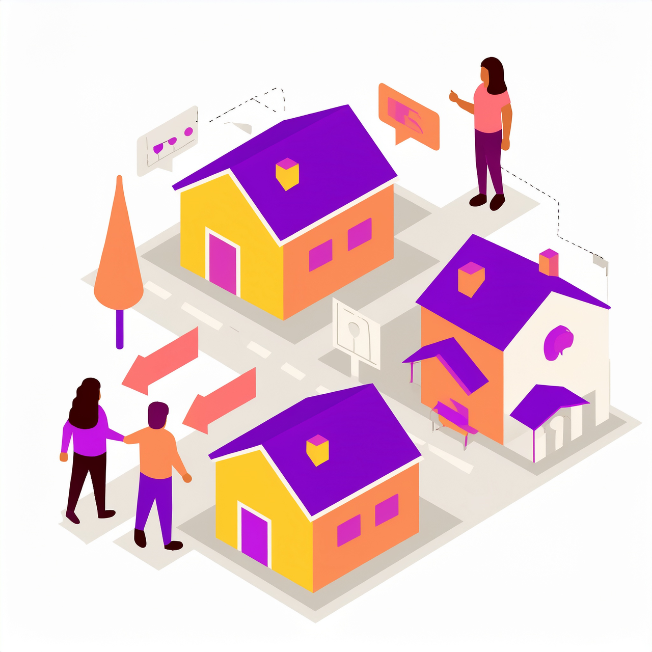 Illustration of a neighborhood with a woman and a couple with arrows pointing at them indicating owner transfer data.