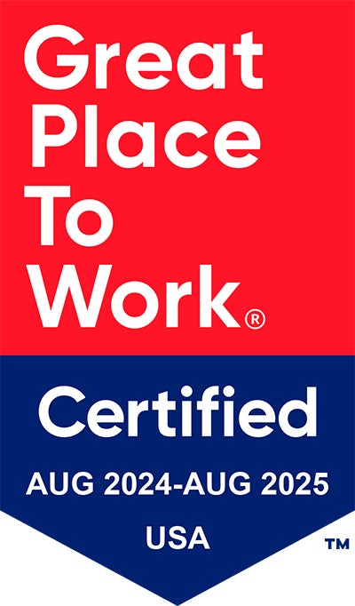 The image shows a certification badge with "Great Place To Work" and "Certified AUG 2024-AUG 2025 USA."